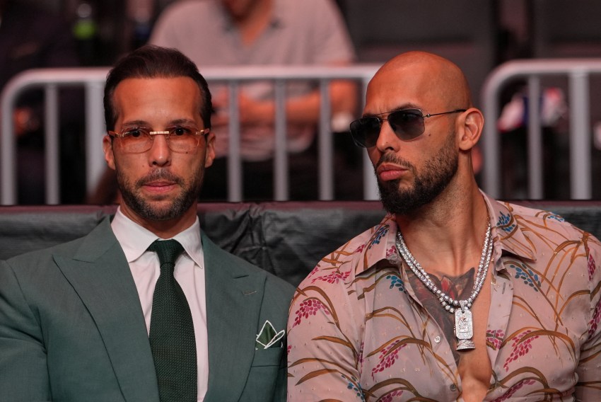 Andrew Tate and Tristan Tate walking into Kaseya Center in Miami at UFC 327