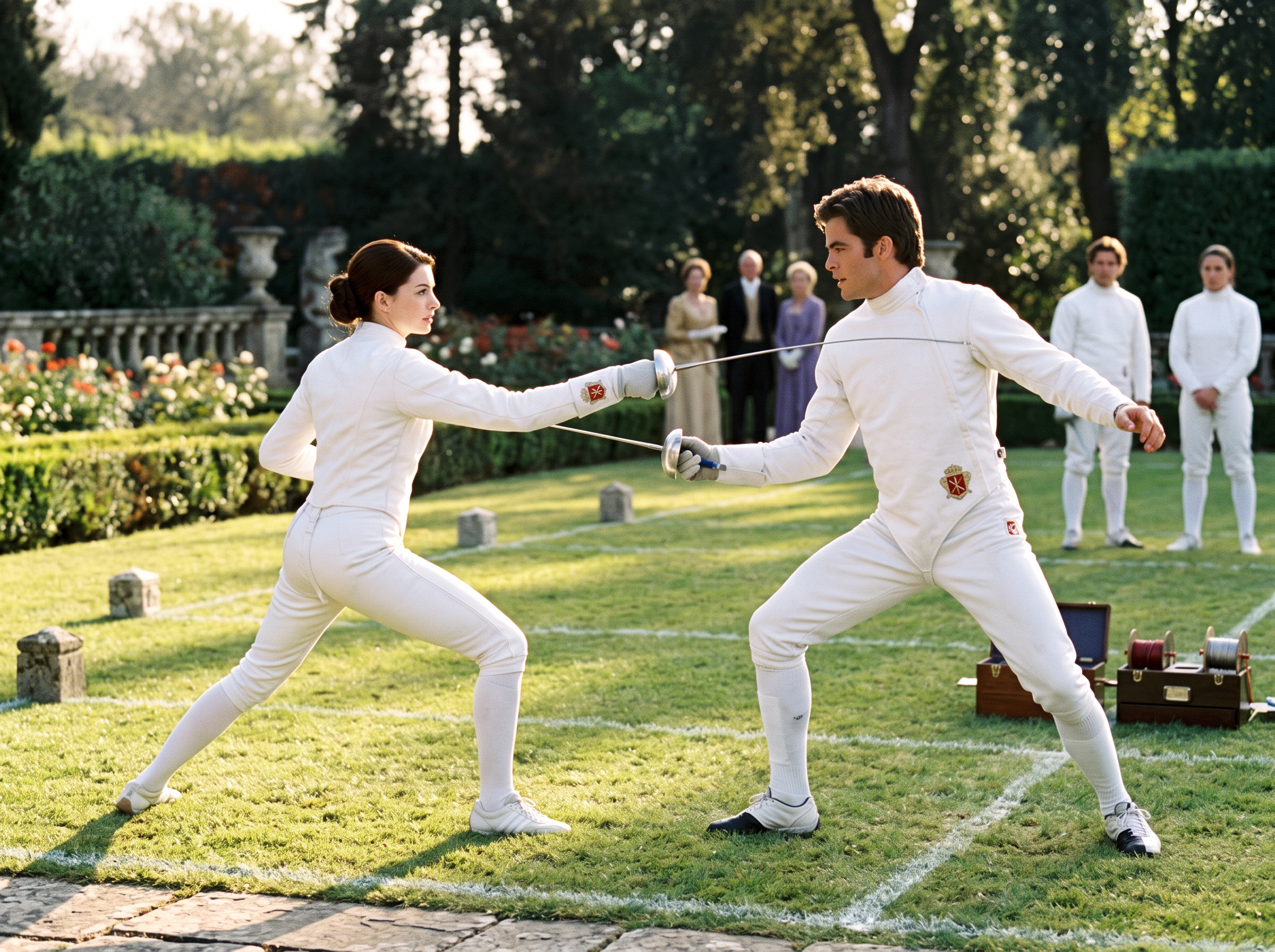 Two people in white fencing suits face off with épées on a grass lawn, with spectators and garden hedges in the background.