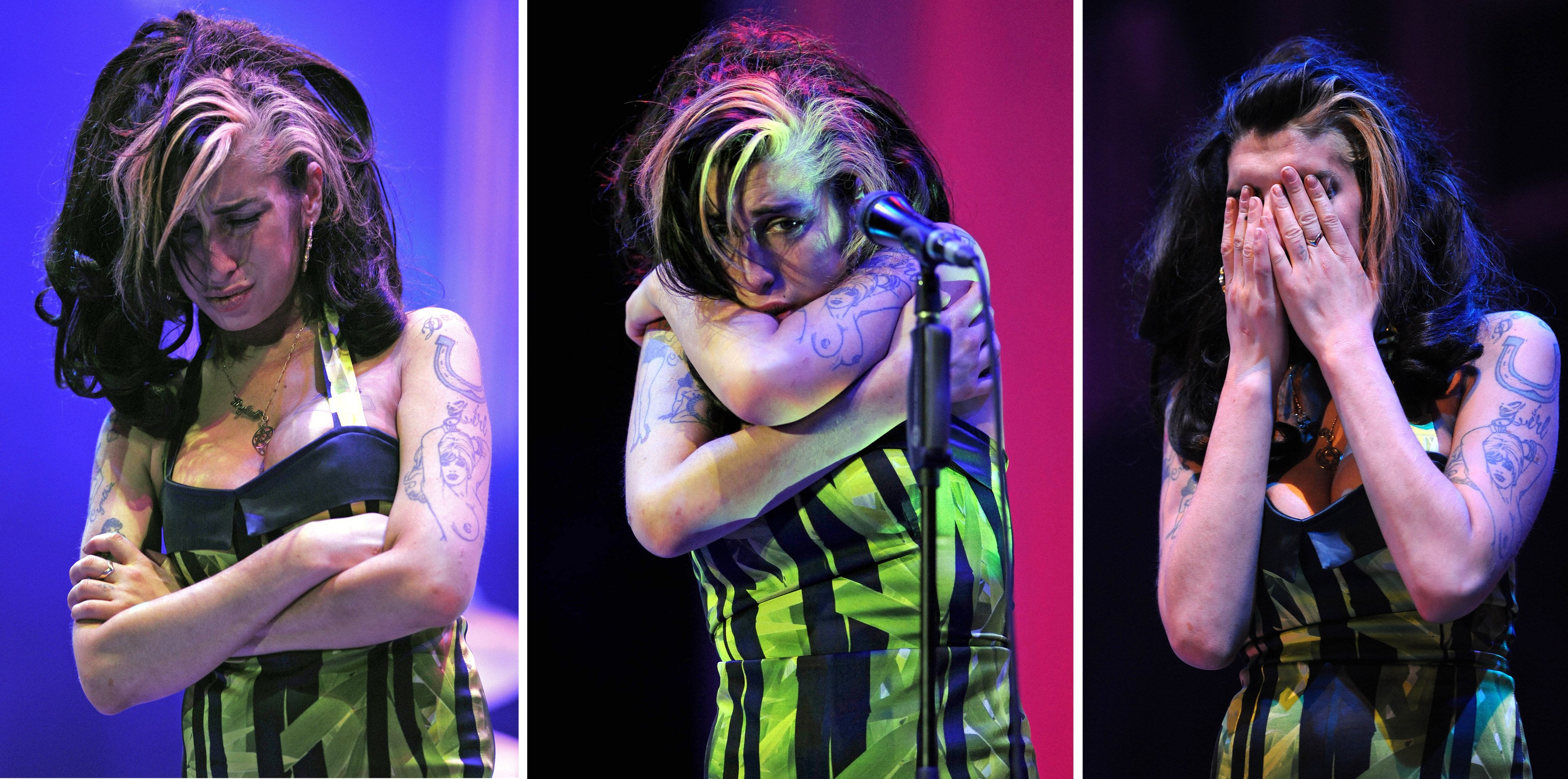 Three-panel photo of a tattooed female singer in a green and black dress on stage: arms crossed, hugging herself at a microphone, and covering her face with both hands.