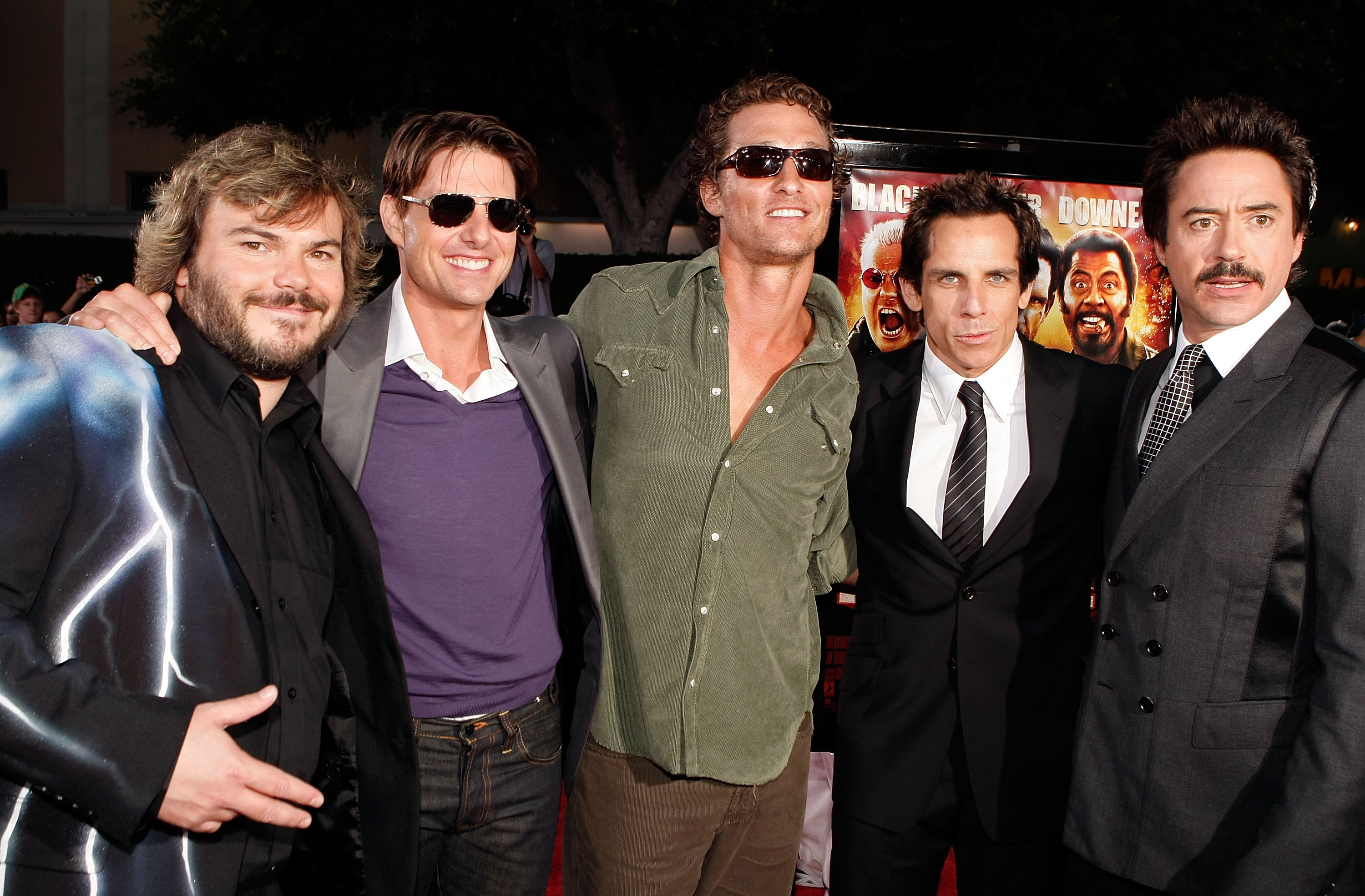 Jack Black, Tom Cruise, Matthew McConaughey, Ben Stiller, and Robert Downey Jr. on the red carpet at the Tropic Thunder Los Angeles premiere in 2008