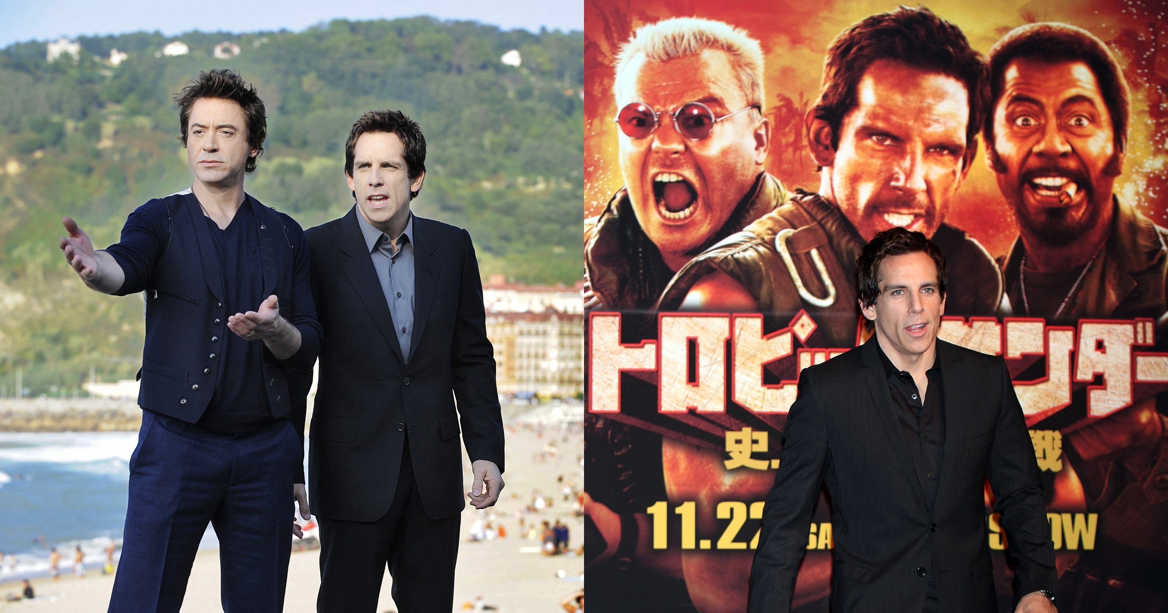 Two men in dark suits stand in front of a crowded beach and hillside cityscape on a sunny day.