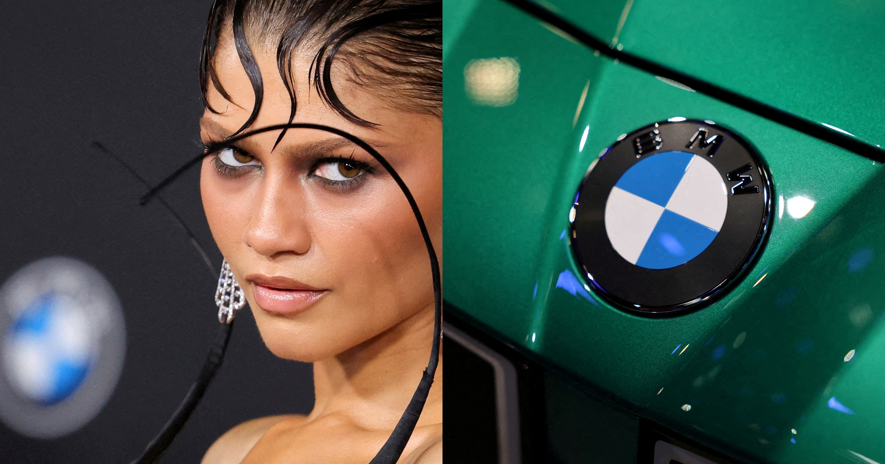 Zendaya in a black halter dress with diamond tassel earrings and slicked-back hair with curled tendrils at a movie premiere, BMW logo visible in background.