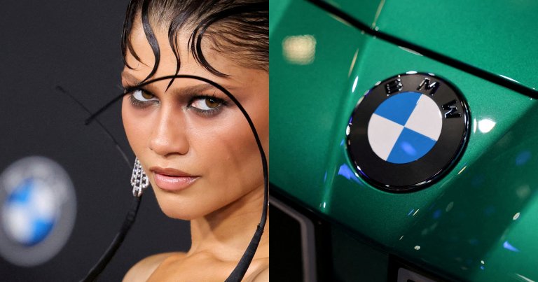 Zendaya in a black halter dress with diamond tassel earrings and slicked-back hair with curled tendrils at a movie premiere, BMW logo visible in background.