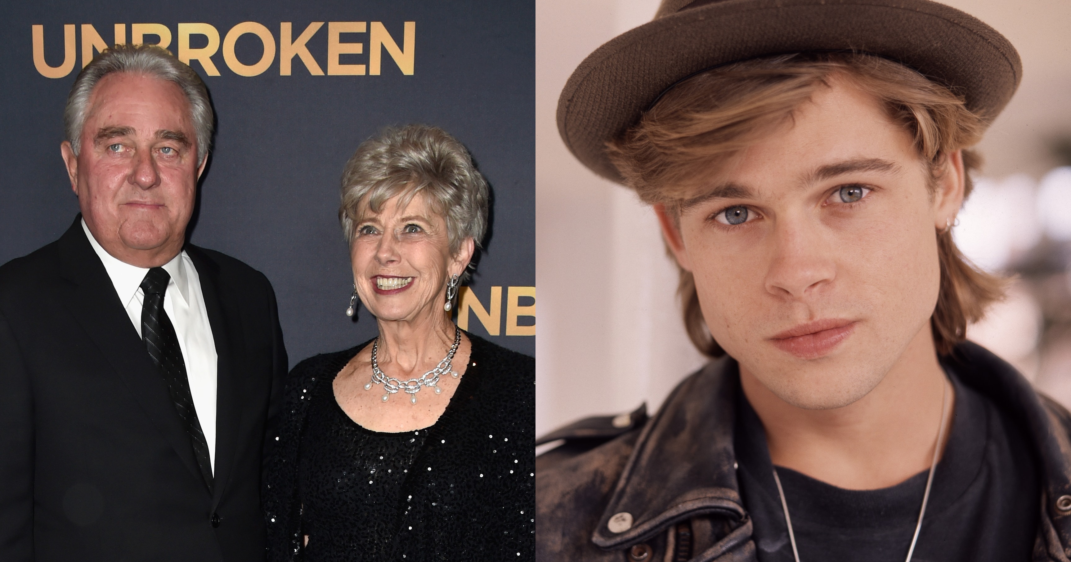 An older couple, a man in a black blazer and a woman in a black sequined dress, pose at the Unbroken movie premiere red carpet.