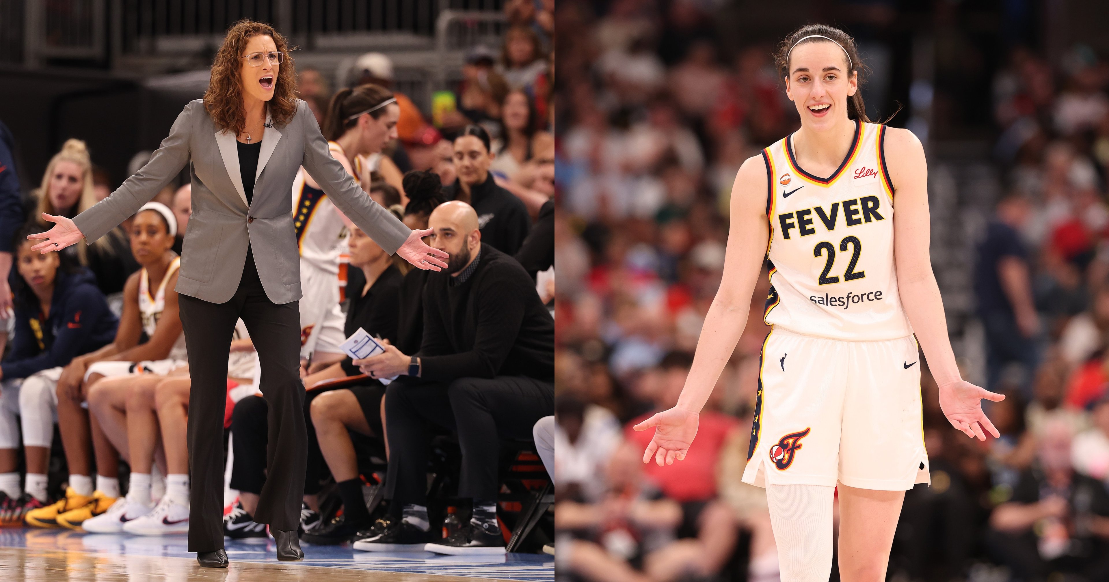 Indiana Fever head coach Stephanie White stands on the sideline with arms spread wide, reacting in frustration during a game at United Center in Chicago.