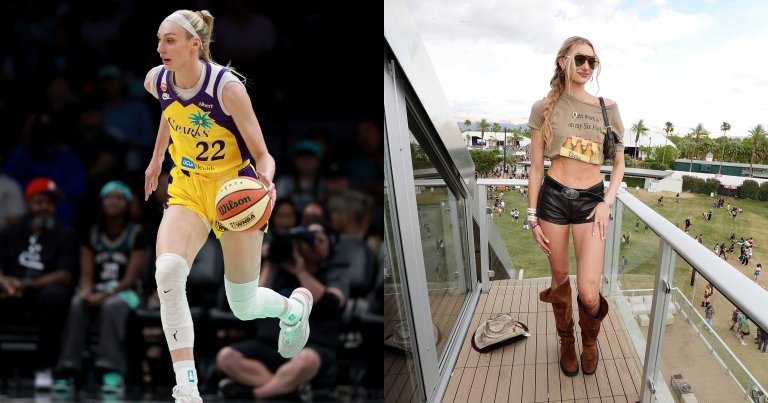 Cameron Brink #22 of the LA Sparks dribbles a Wilson WNBA basketball in a yellow and purple uniform at Barclays Center.