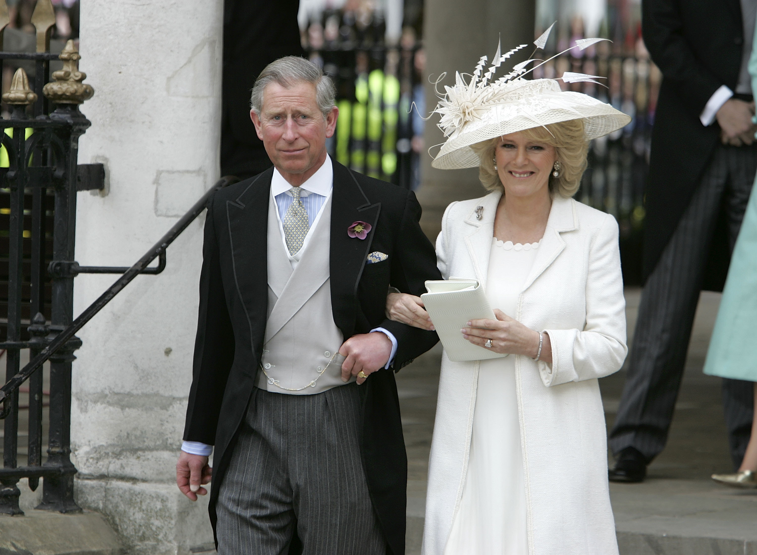 Prince Charles and Camilla Parker Bowles departing the Guildhall in Windsor after their civil wedding ceremony in 2005