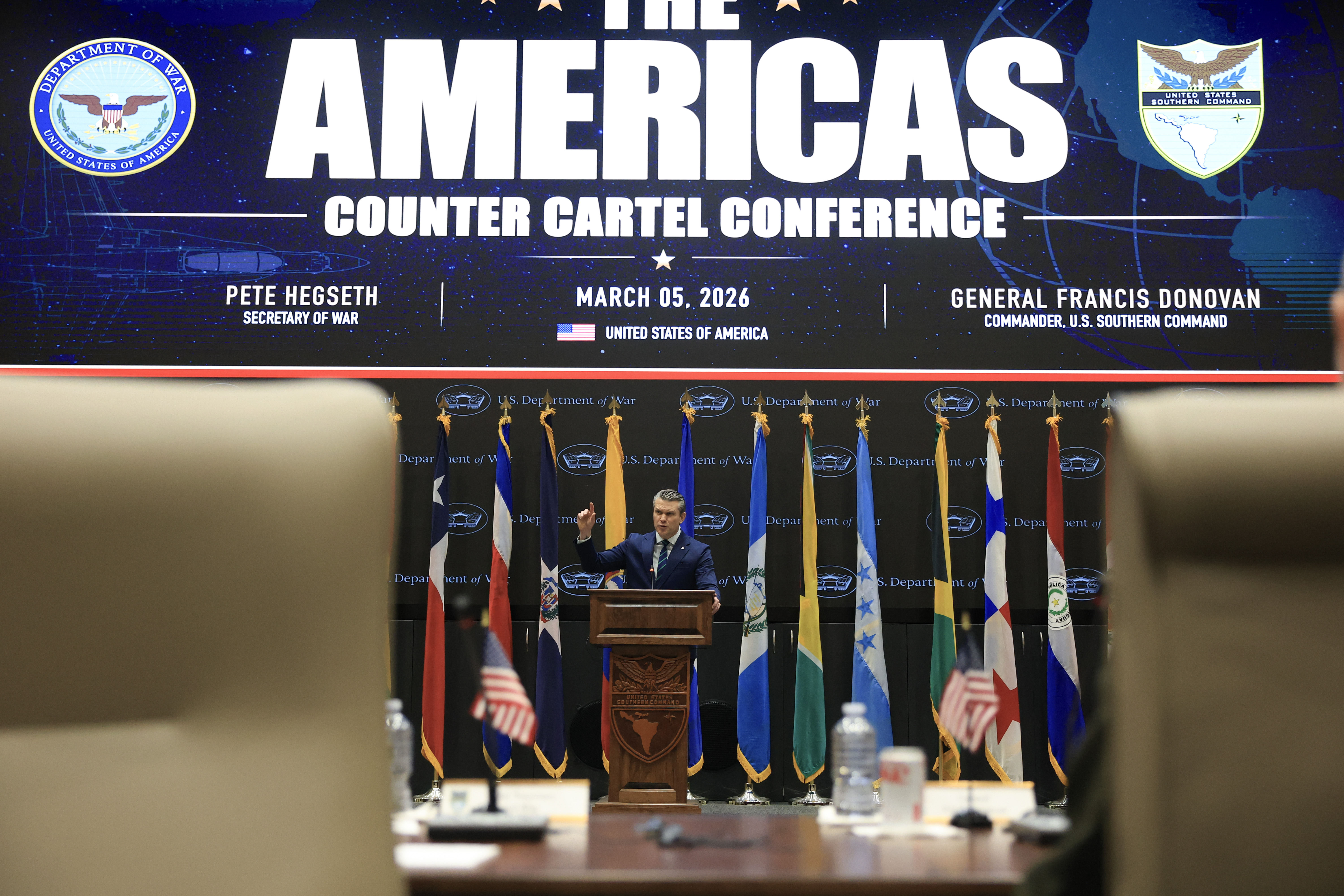 Defense Secretary Pete Hegseth speaking at the Americas Counter Cartel Conference at U.S. Southern Command Headquarters in Doral, Florida