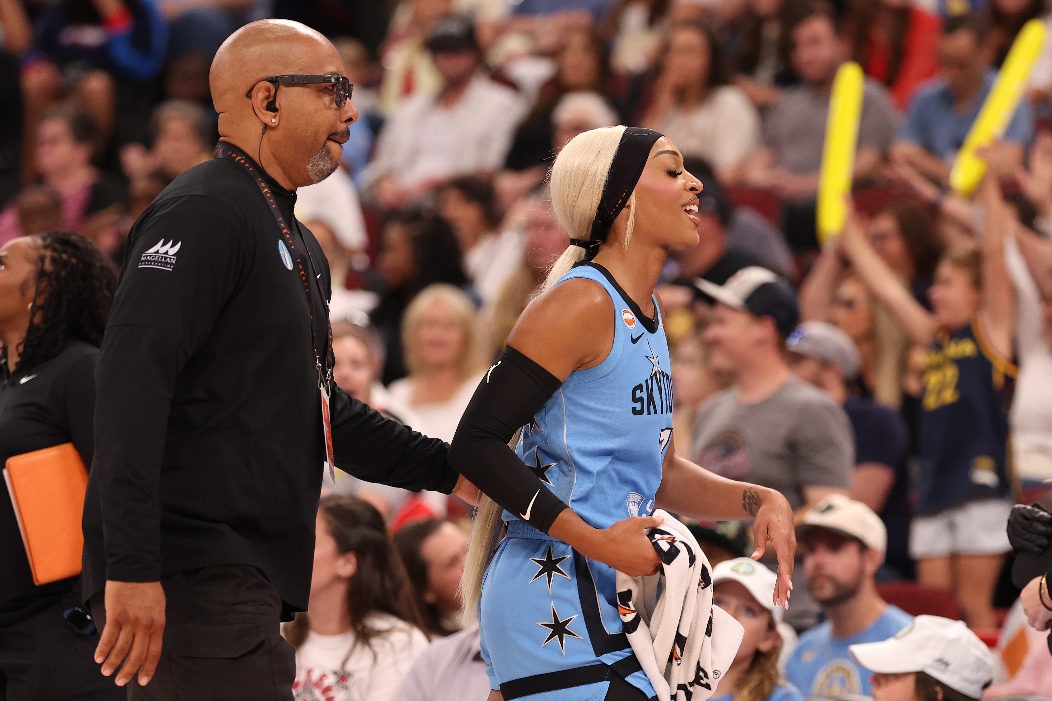 Click to open the image gallery DiJonai Carrington reacting after being ejected during a Chicago Sky vs. Indiana Fever game at United Center