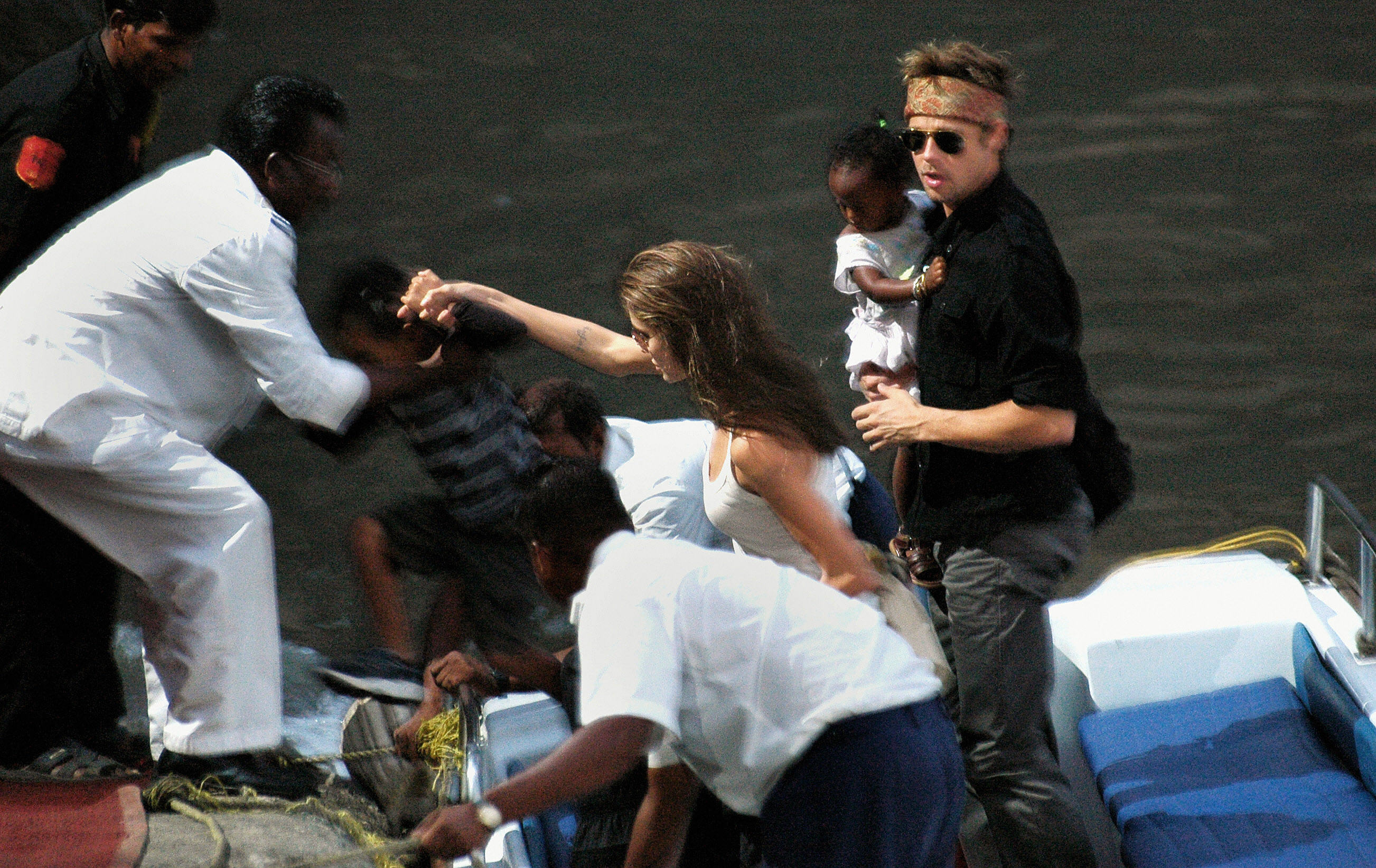 Brad Pitt and Angelina Jolie with their children Maddox and Zahara at Elephanta Island near Mumbai in 2006