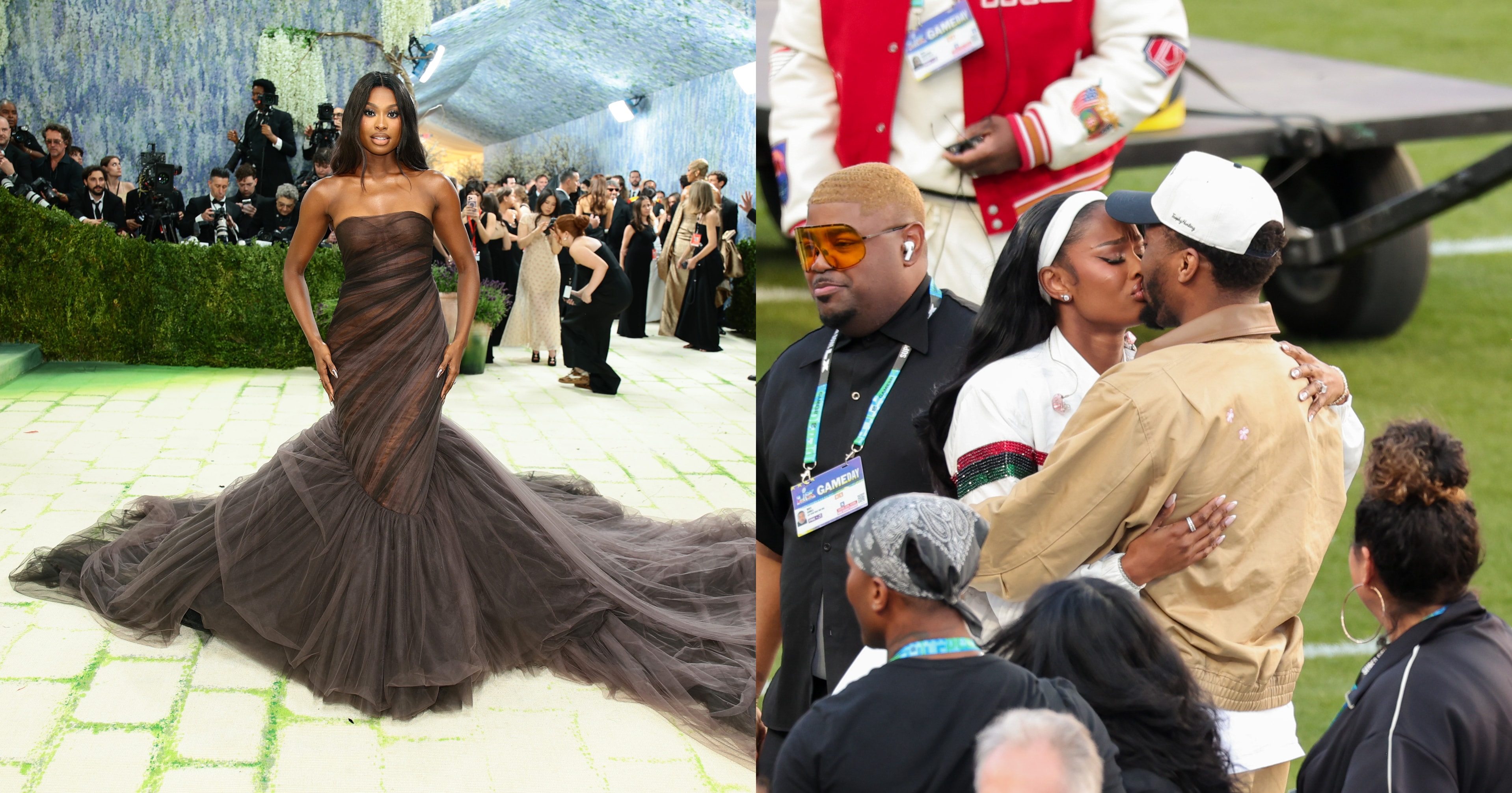 Coco Jones in a strapless brown tulle mermaid gown with a long train on the Met Gala red carpet, photographers visible in the background.