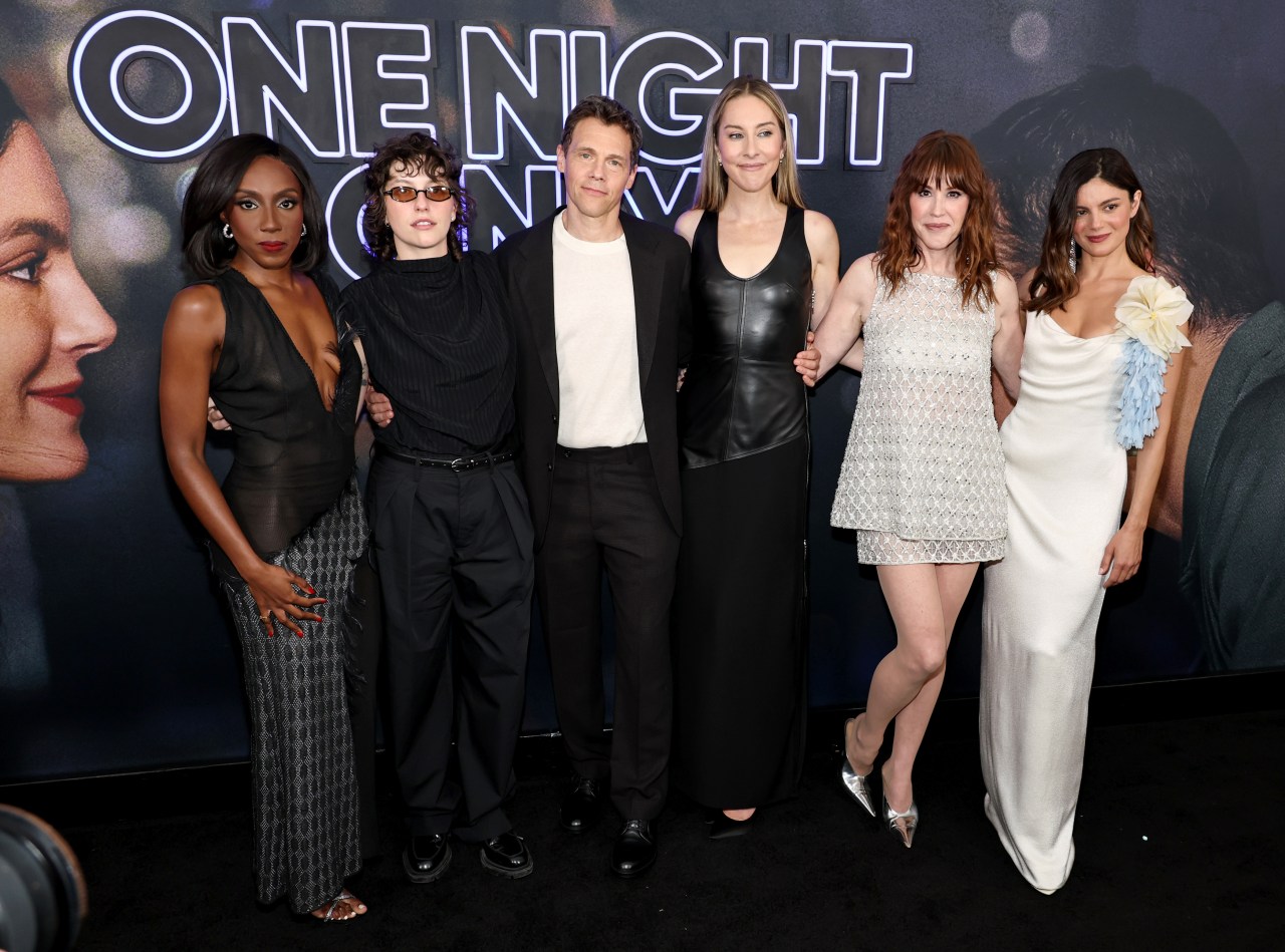 Six people — Ziwe Fumudoh, King Princess, Will Gluck, Este Haim, Molly Ringwald, and Monica Barbaro — posing together at the One Night Only premiere.