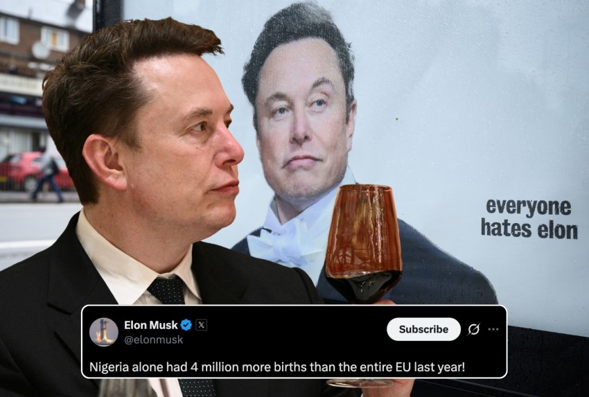 Elon Musk in a dark suit and tie walks through a courthouse corridor, a green light visible in the background.
