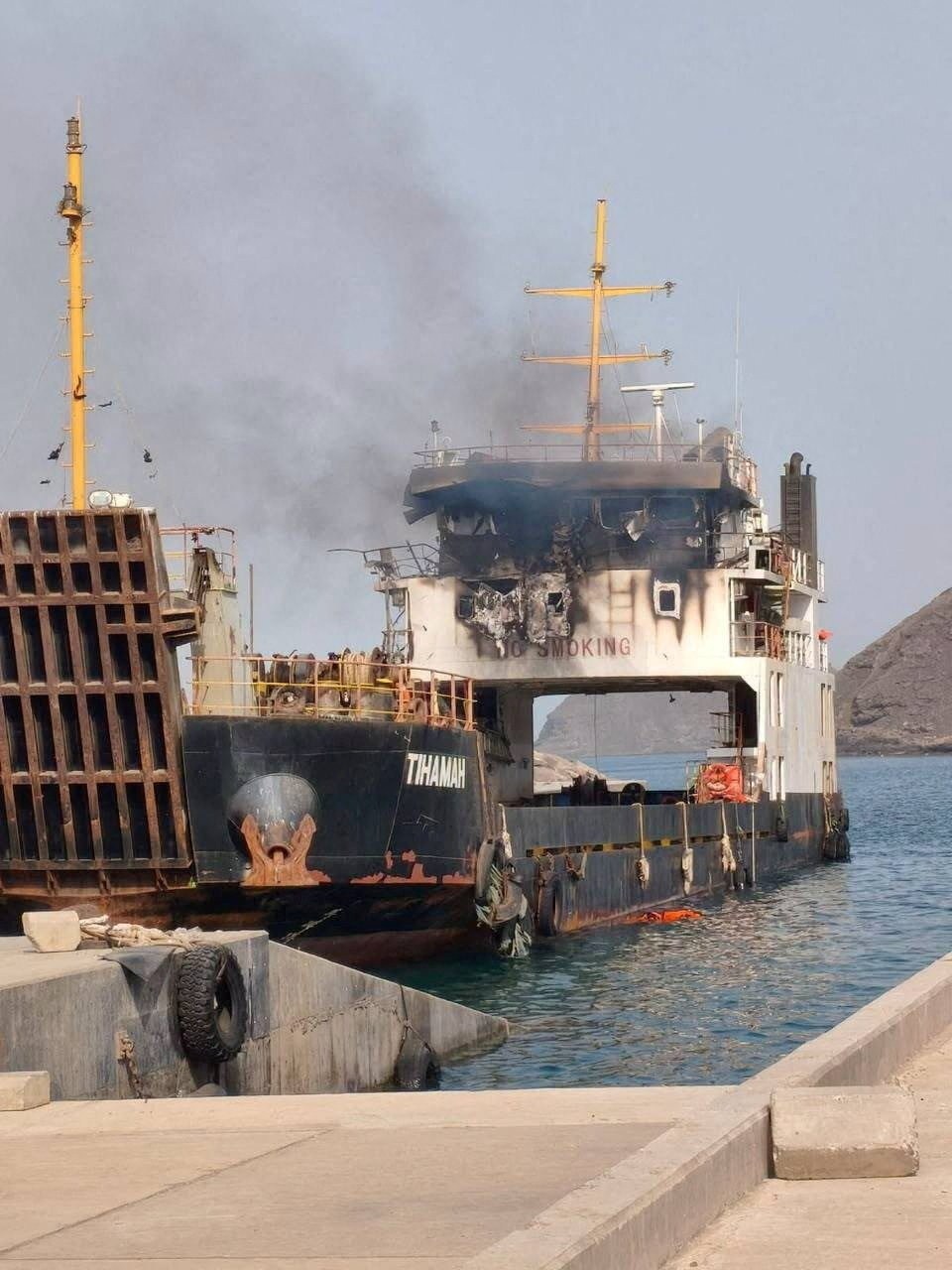 Damaged cargo vessel Tihamah docked near Murad, Yemen, following a Houthi attack in the Bab el-Mandeb Strait
