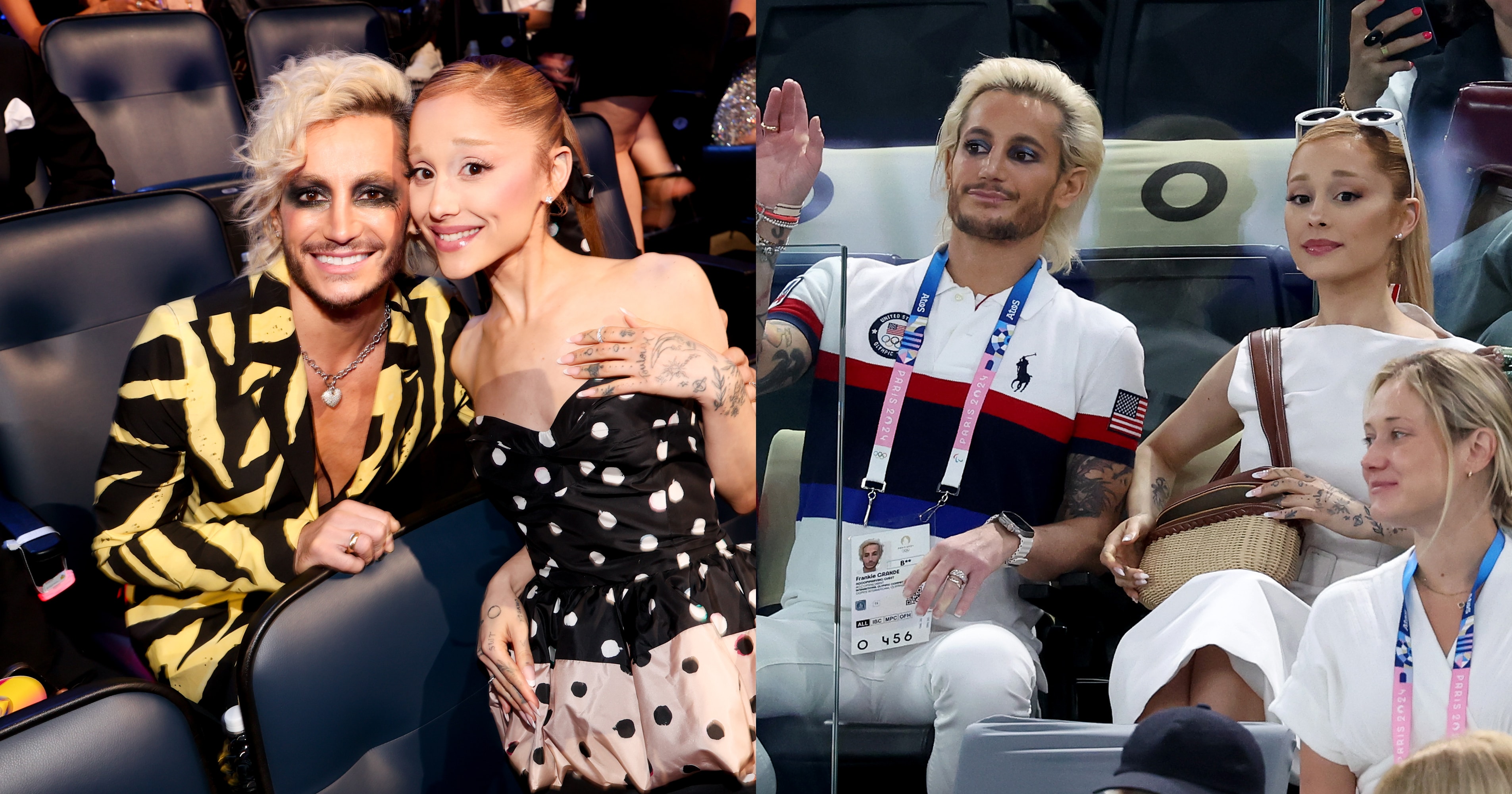 Frankie Grande in a yellow and black striped blazer poses with Ariana Grande in a polka dot dress at the 2025 MTV VMAs.