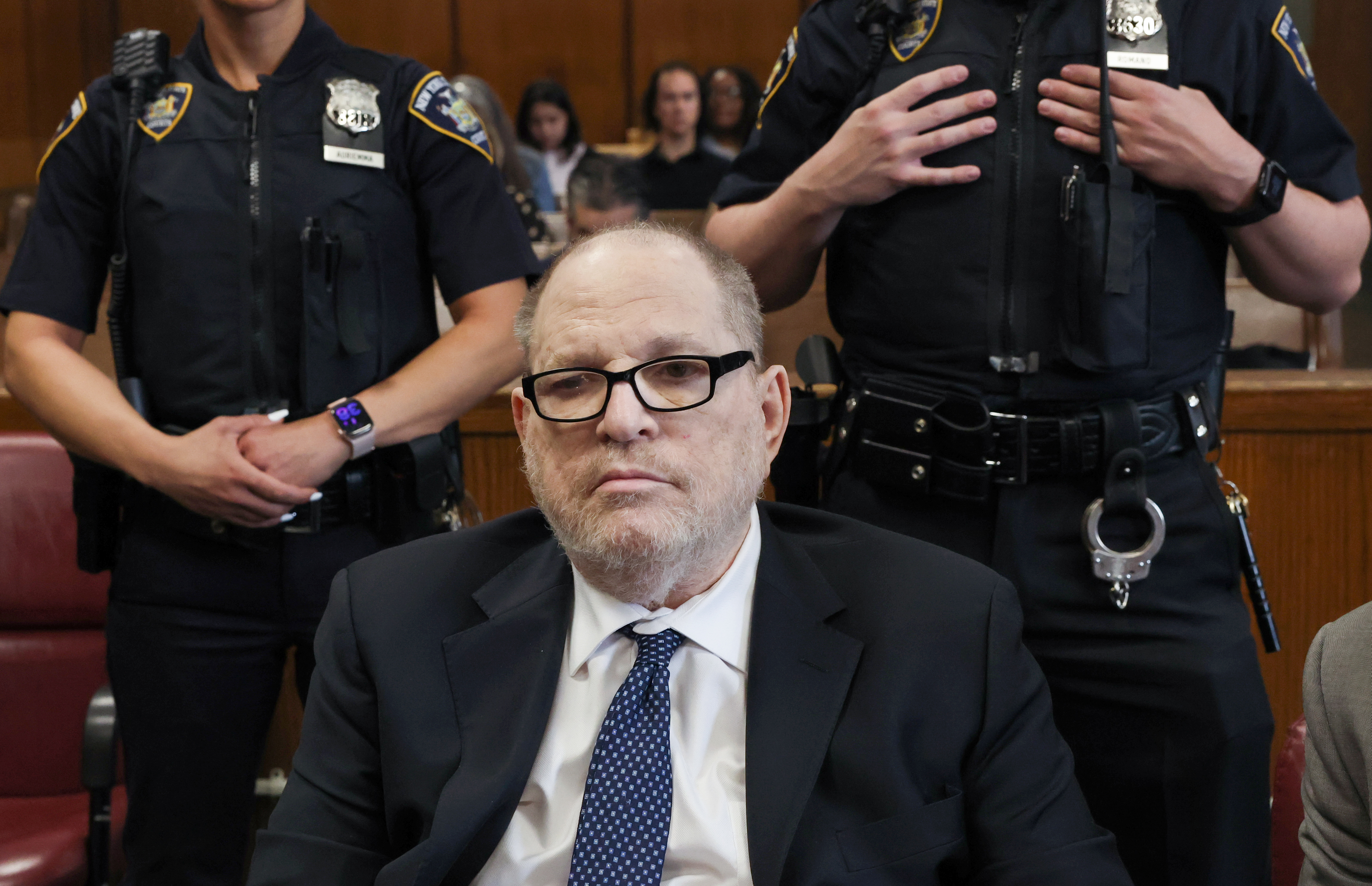 Harvey Weinstein seated in Manhattan criminal court during his rape retrial in New York City