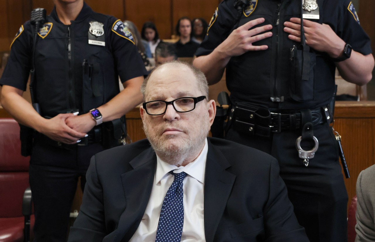 Harvey Weinstein seated in Manhattan criminal court during his rape retrial in New York City