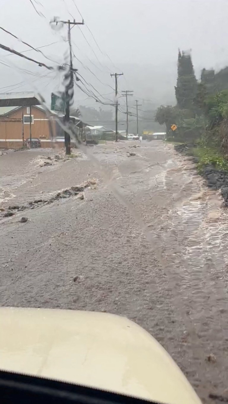 Floodwaters inundating a road or area in Hawaii County during Hurricane Lala