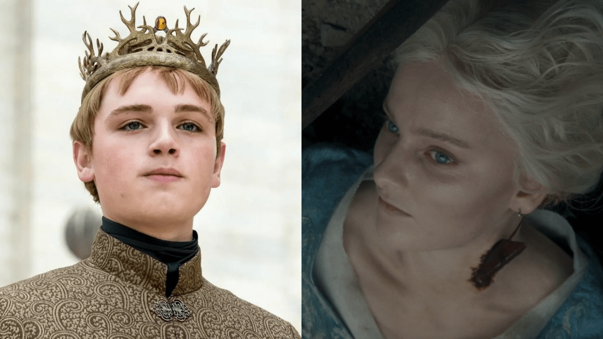 Young boy wearing an antlered gold crown and patterned brocade jacket looking upward, in a scene from Game of Thrones.