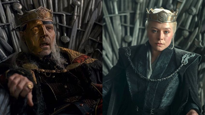 A silver-haired woman wearing a gold Targaryen crown sits on the Iron Throne in dark medieval robes.