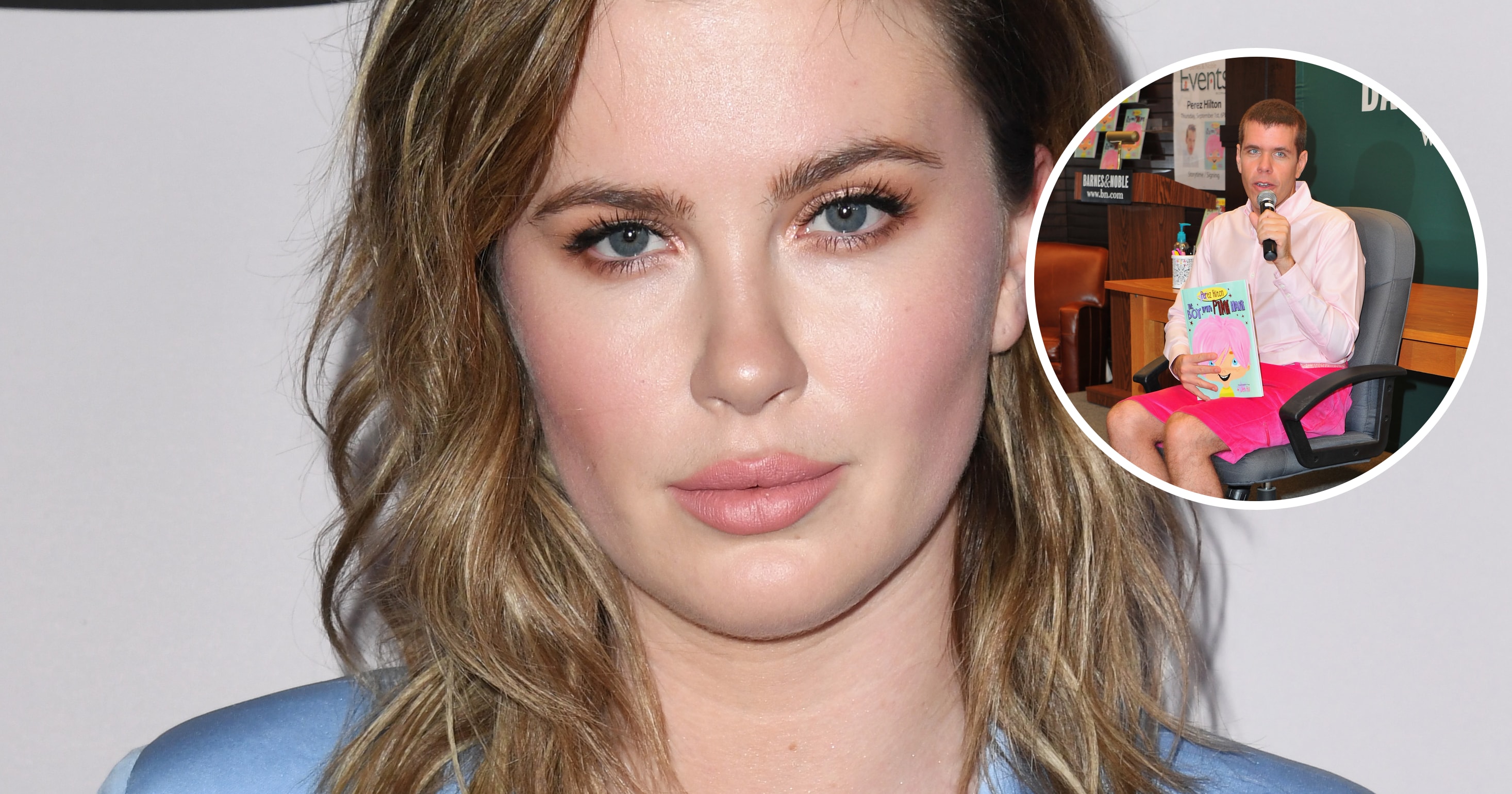 Ireland Baldwin in a light blue blazer and gold nameplate necklace at a YouTube Originals event in Los Angeles.