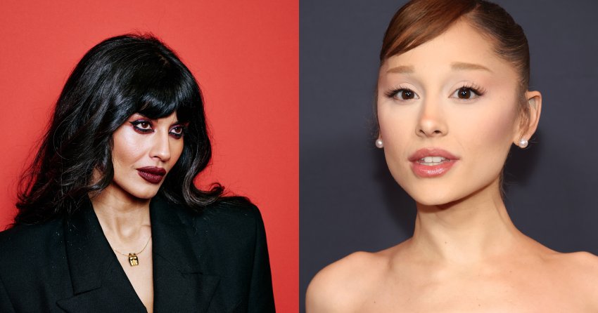 Jameela Jamil in a black blazer and gold necklace with dark makeup against a red background at the GQ Men of the Year Awards 2025 in London.