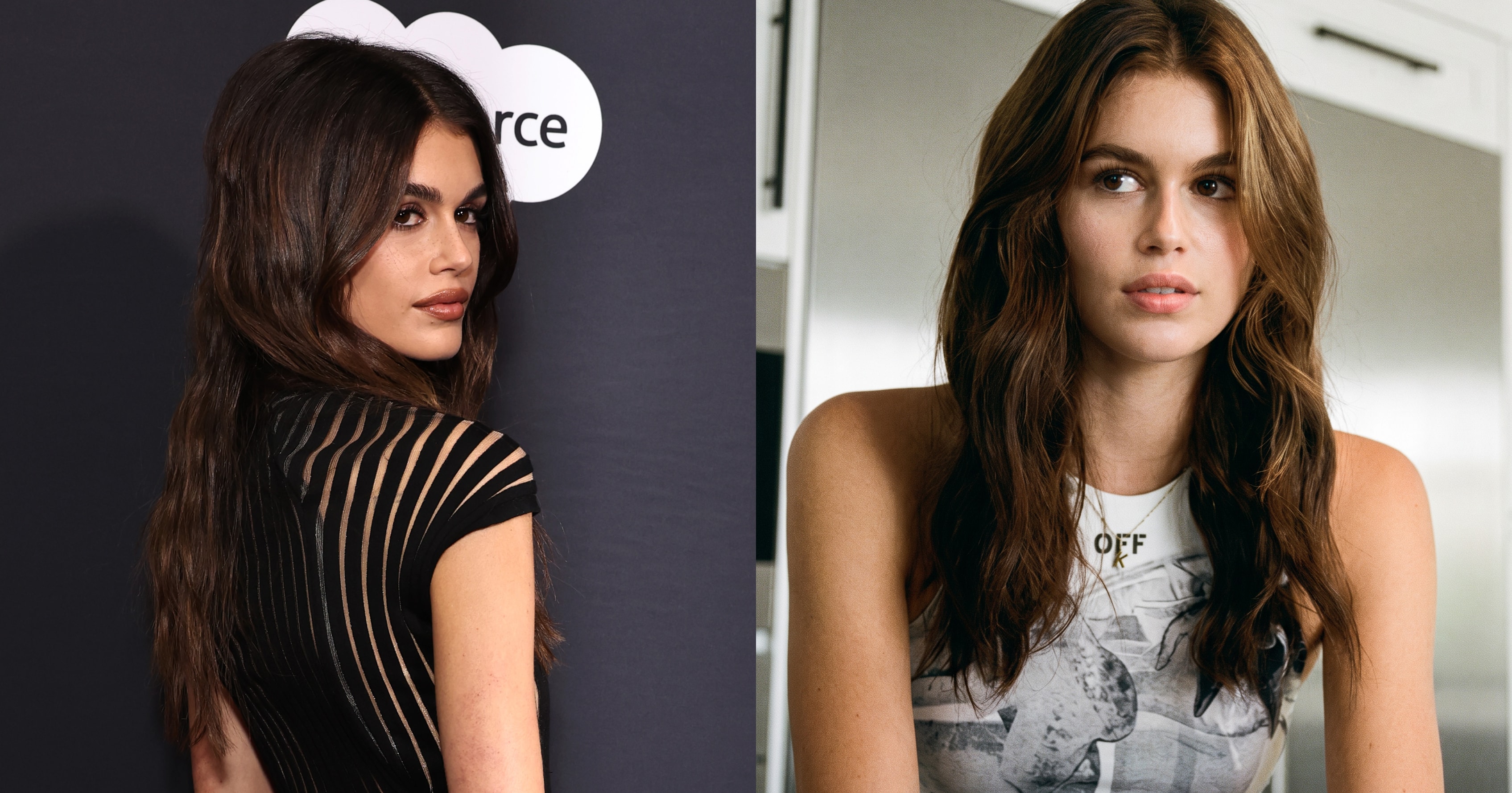 Kaia Gerber in a sheer black striped backless gown at the 2024 Time100 Next event at Chelsea Piers, New York City.
