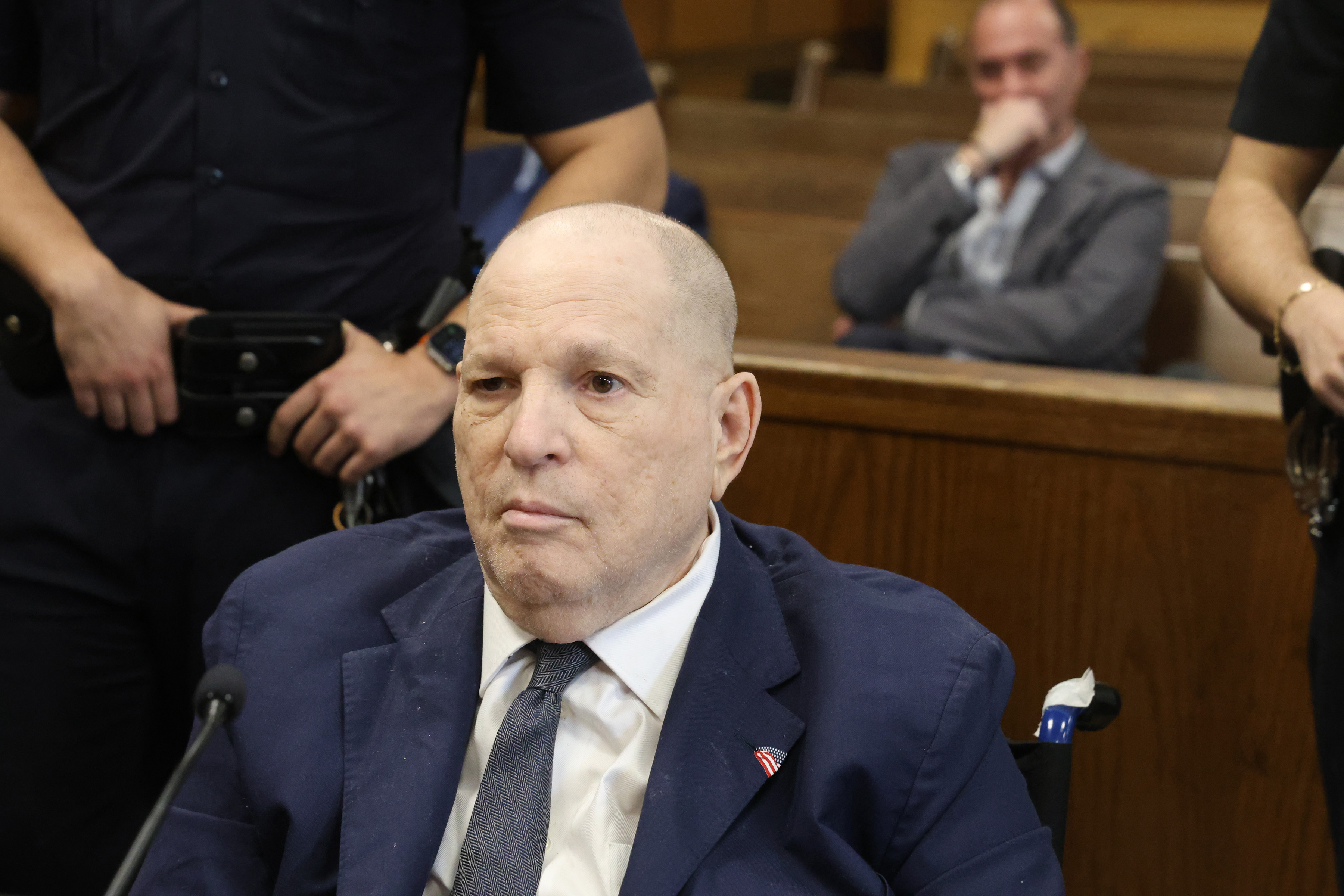 Harvey Weinstein seated in a Manhattan courtroom during a pre-trial hearing in March 2026