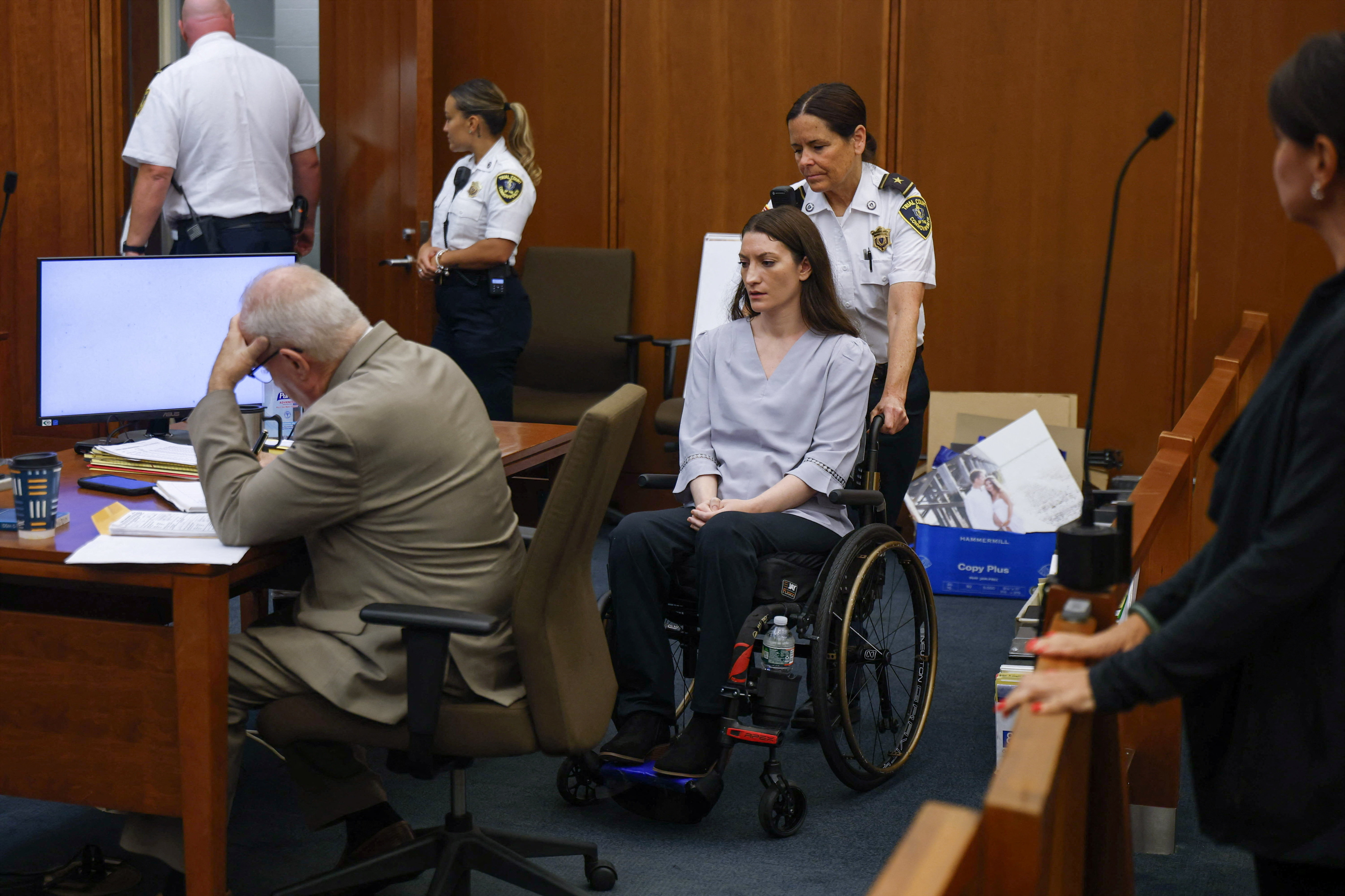 Lindsay Clancy seated at the defense table in Plymouth Superior Court