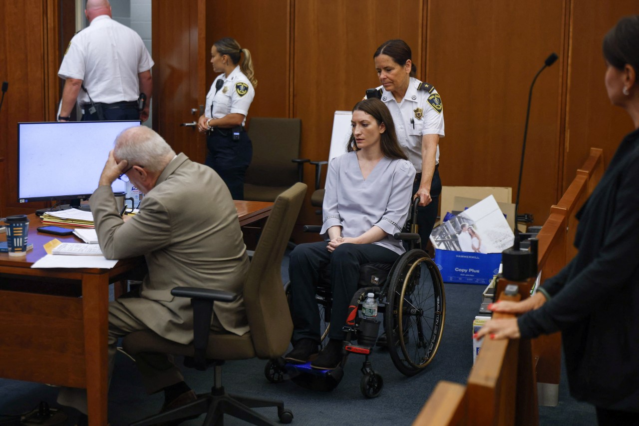 Lindsay Clancy seated at the defense table in Plymouth Superior Court