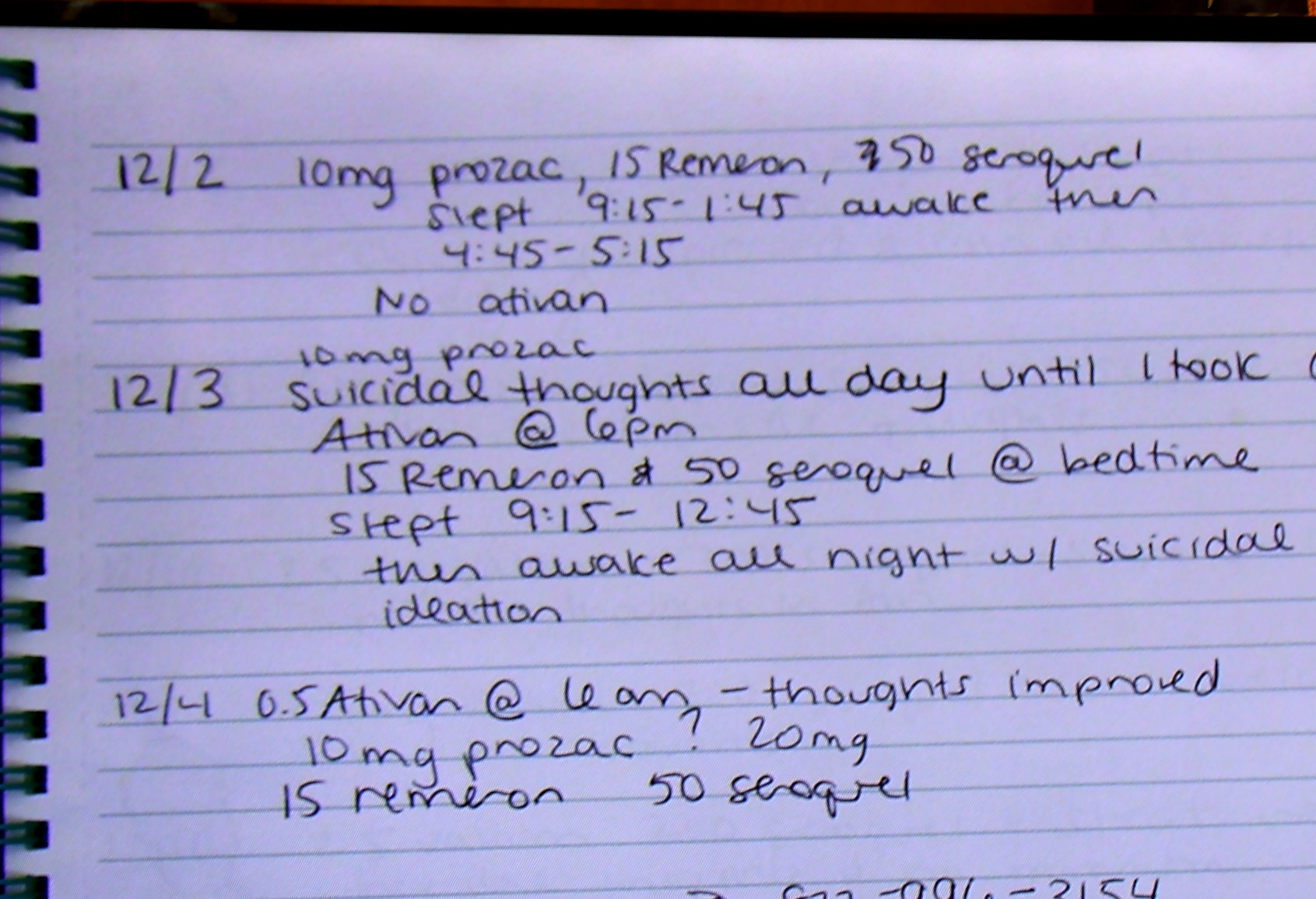 Spiral notebook page with handwritten entries dated 12/2, 12/3, and 12/4 logging medications and noting suicidal thoughts and sleep patterns.