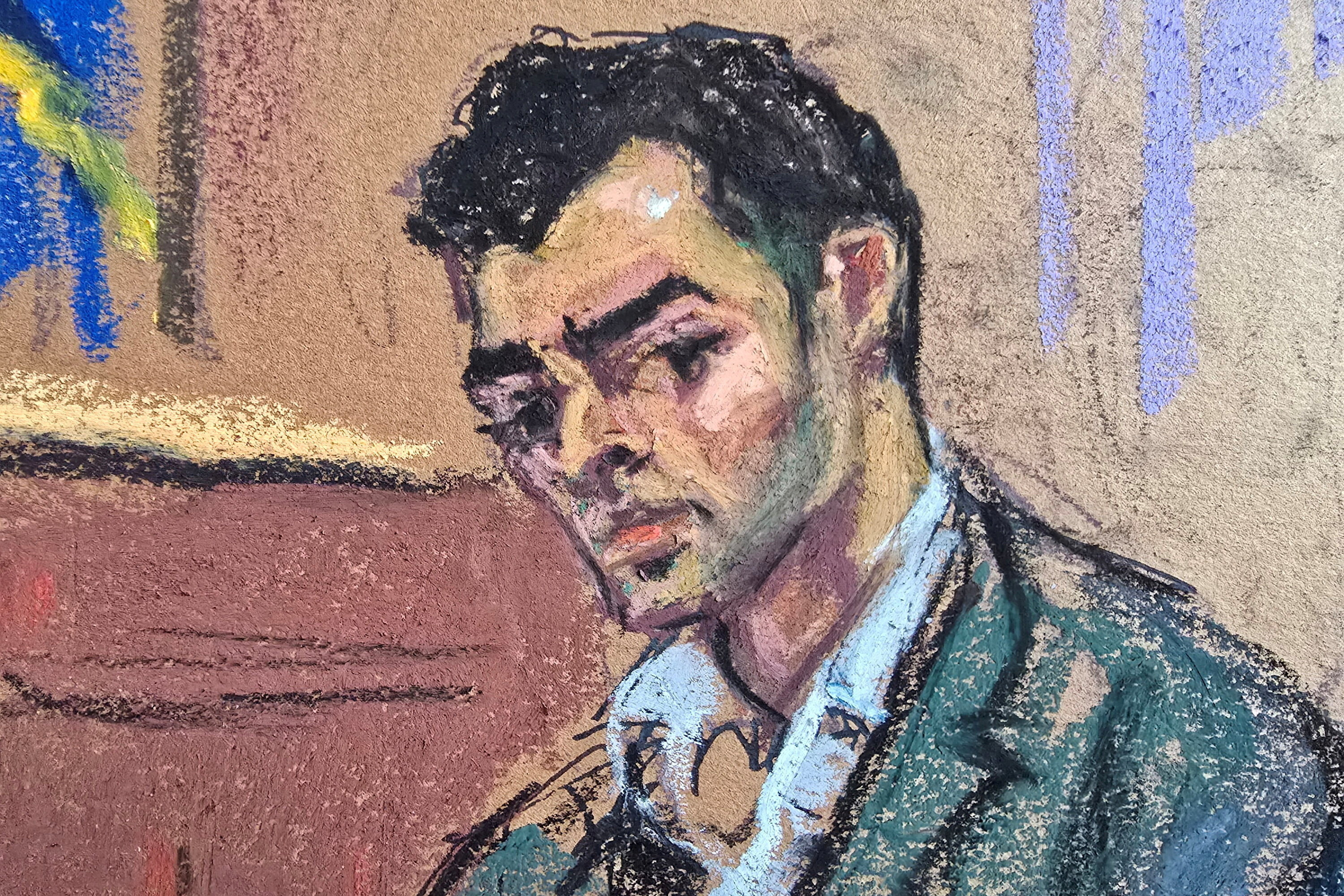 Courtroom sketch of Luigi Mangione seated at Manhattan Criminal Court during a pre-trial hearing