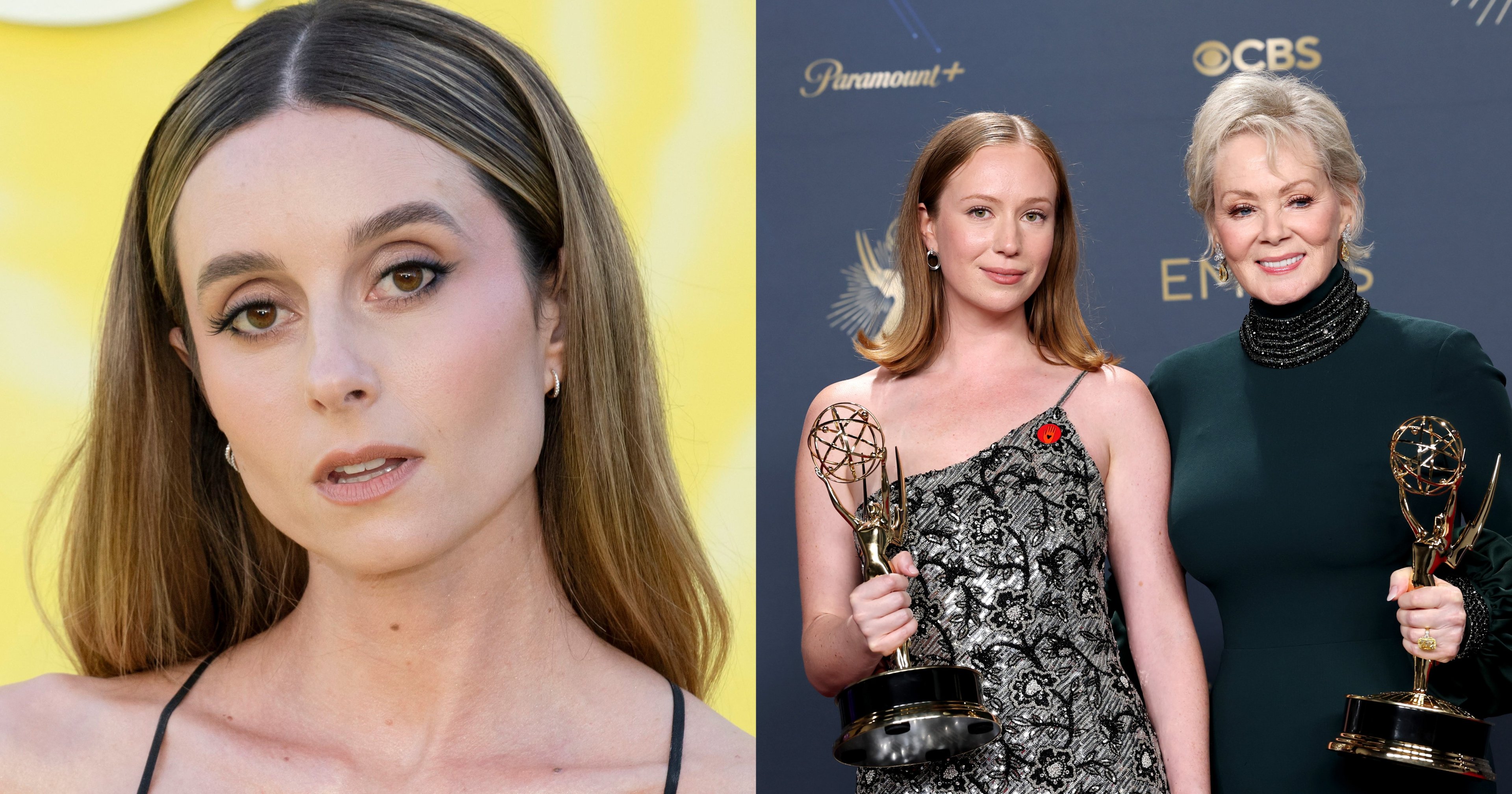 Woman with long brunette hair and smoky eye makeup posing at the Prime Video Overcompensating LA premiere against a yellow backdrop.