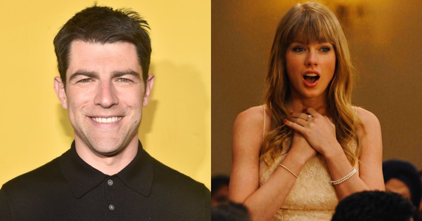 Max Greenfield smiling in a black polo shirt against a yellow backdrop at a movie premiere.