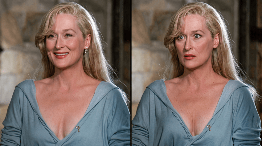 Side-by-side AI-generated images of a blonde woman in a blue top, smiling on the left and looking shocked on the right.