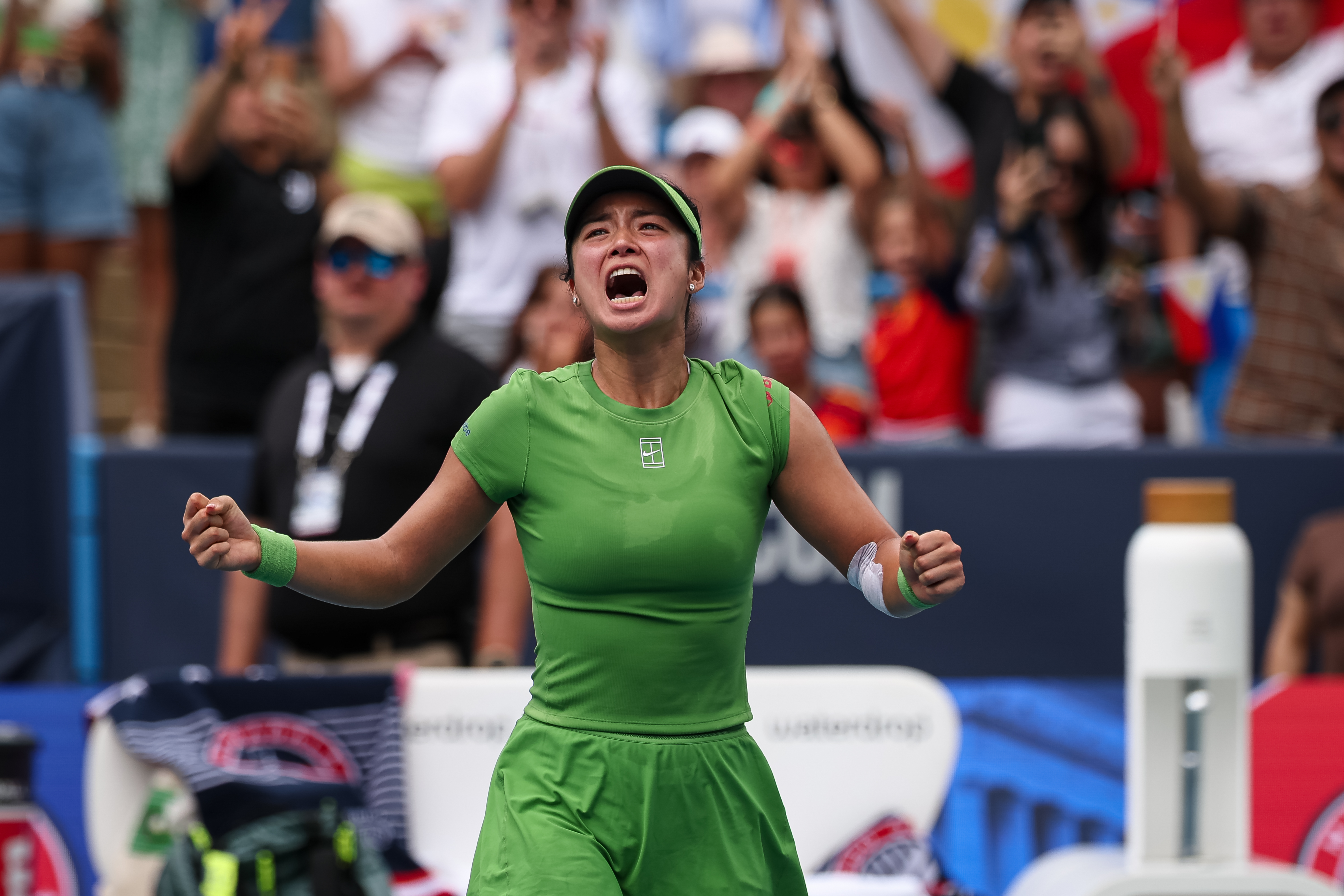 Alexandra Eala reacting with emotion after winning the Mubadala DC Open 2026 women's singles championship match