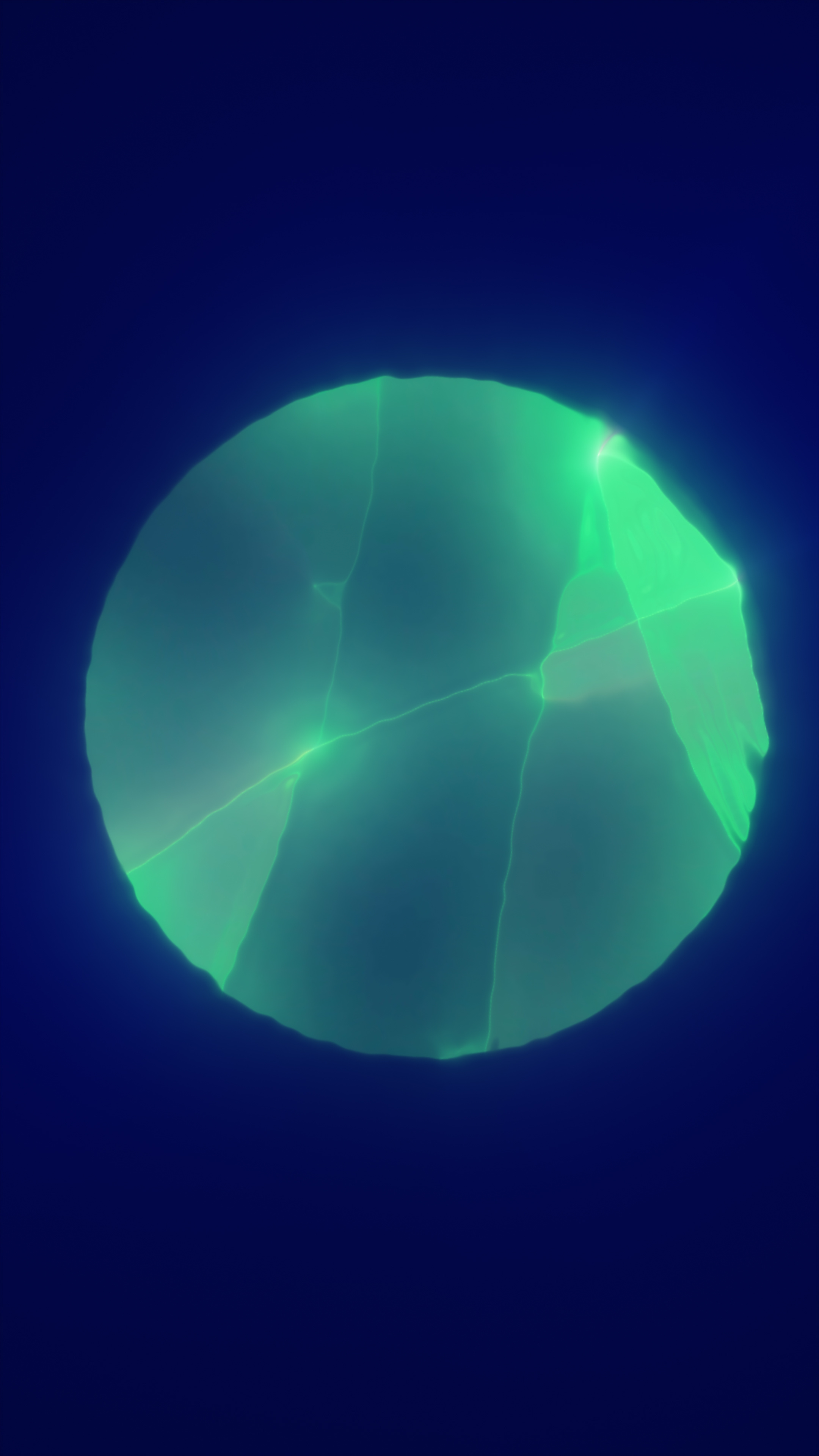 Glowing green spherical orb with a cracked translucent surface and soft halo against a dark blue background.