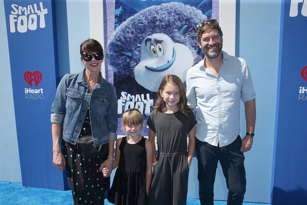 Katie Aselton and Mark Duplass with their two young daughters at the Smallfoot movie premiere in Westwood, California.