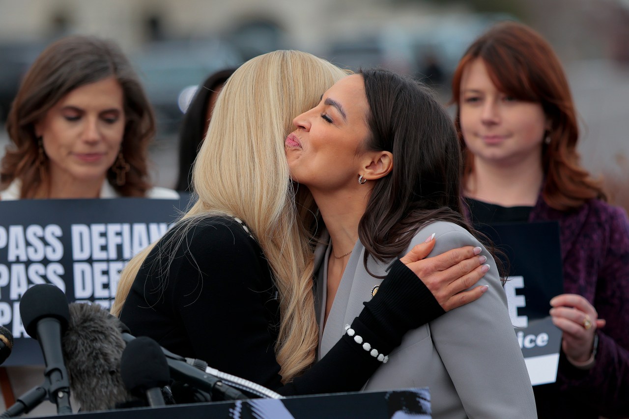Paris Hilton and Rep. Alexandria Ocasio-Cortez at a press conference in the U.S. Capitol in support of the DEFIANCE Act