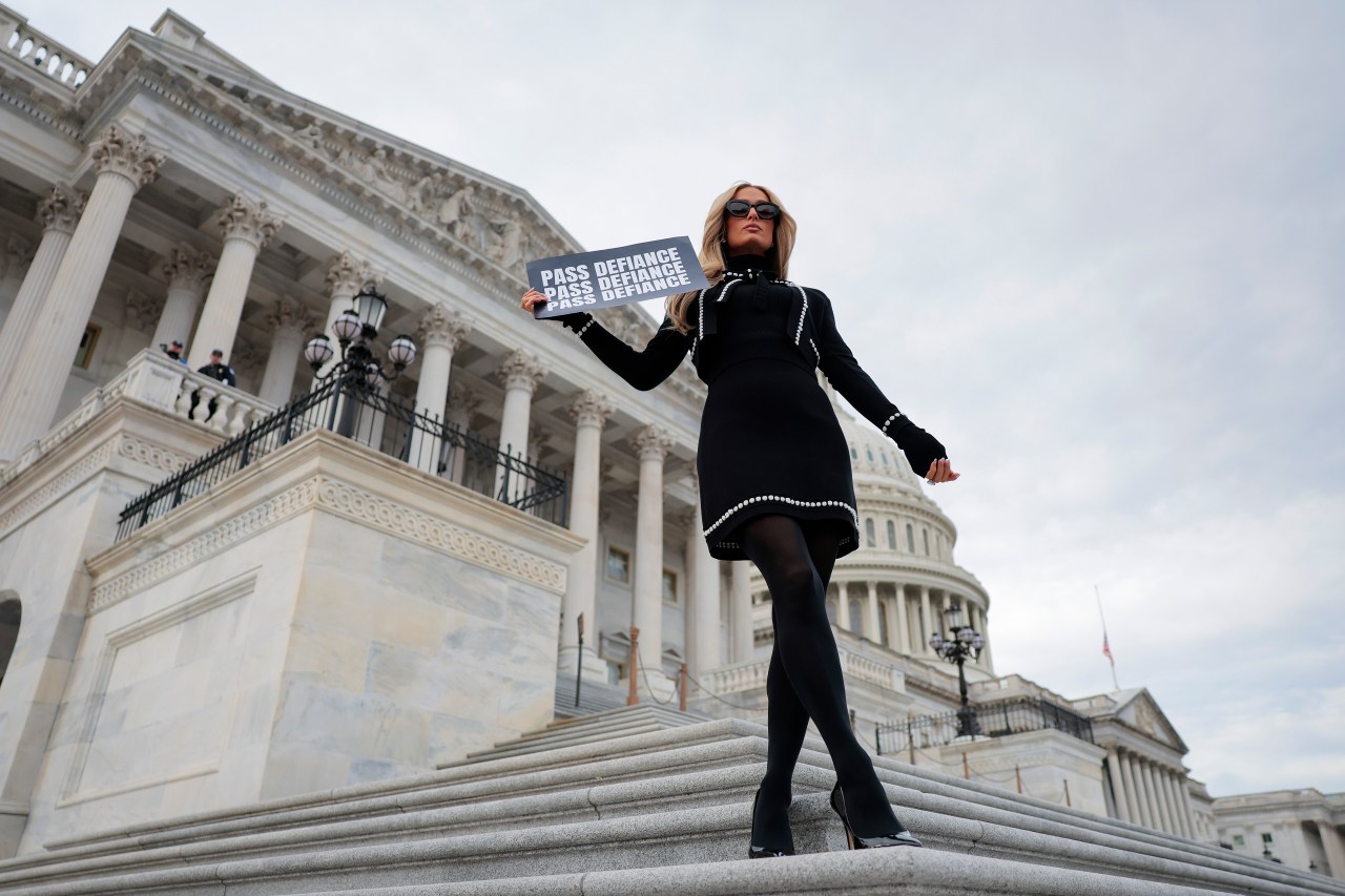 Paris Hilton standing outside the U.S. Capitol building after a press conference supporting the DEFIANCE Act