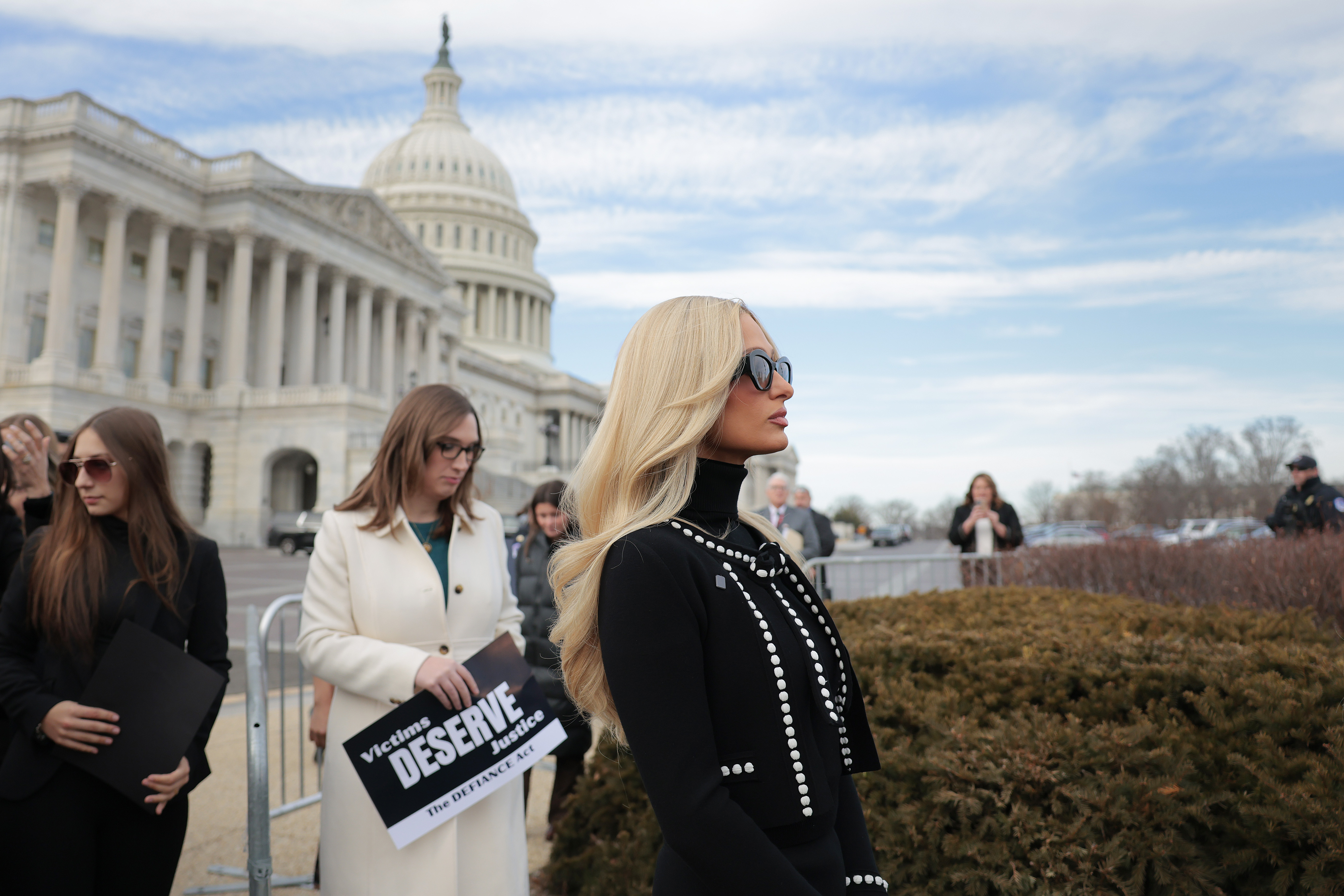 Paris Hilton at a press conference at the U.S. Capitol in Washington, DC, supporting the DEFIANCE Act on January 22, 2026