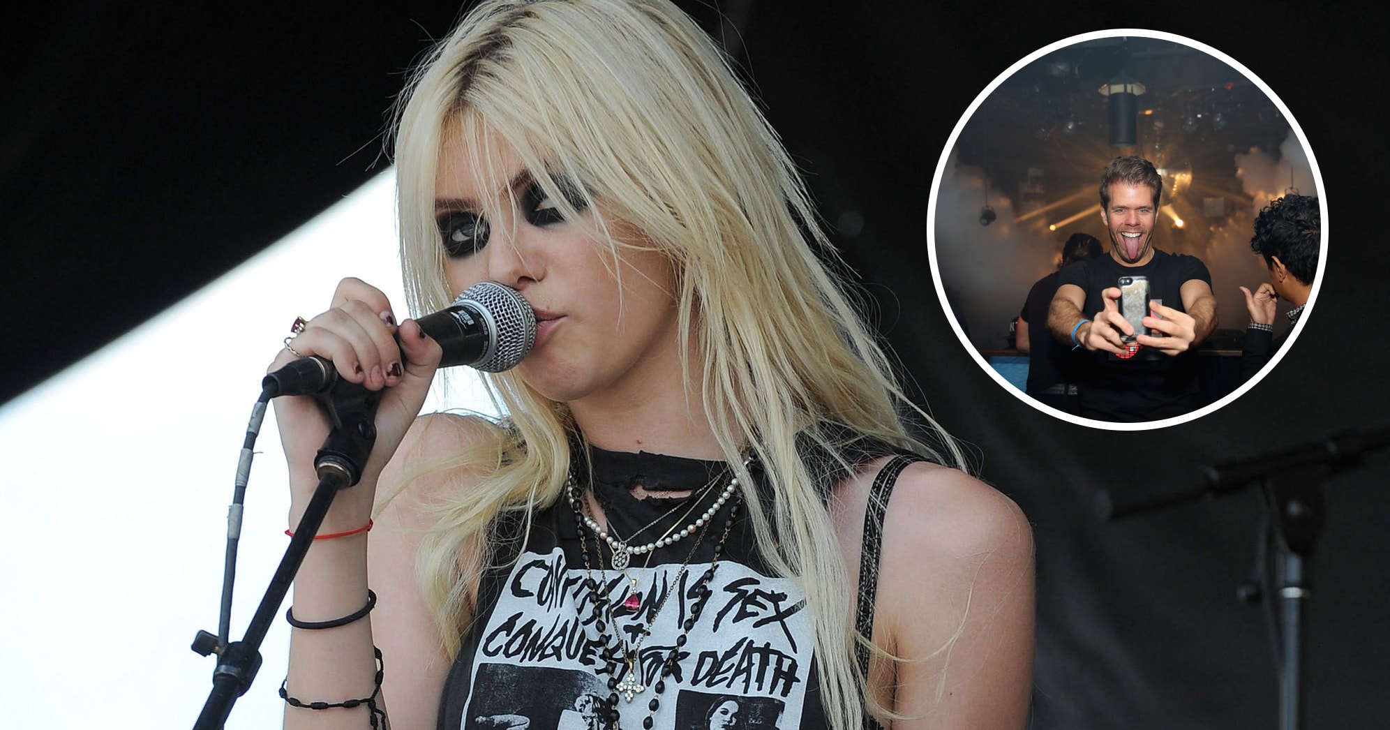 Taylor Momsen singing into a microphone on stage, wearing a black graphic tee, stockings, and garter belt, with long blonde hair and heavy eye makeup.