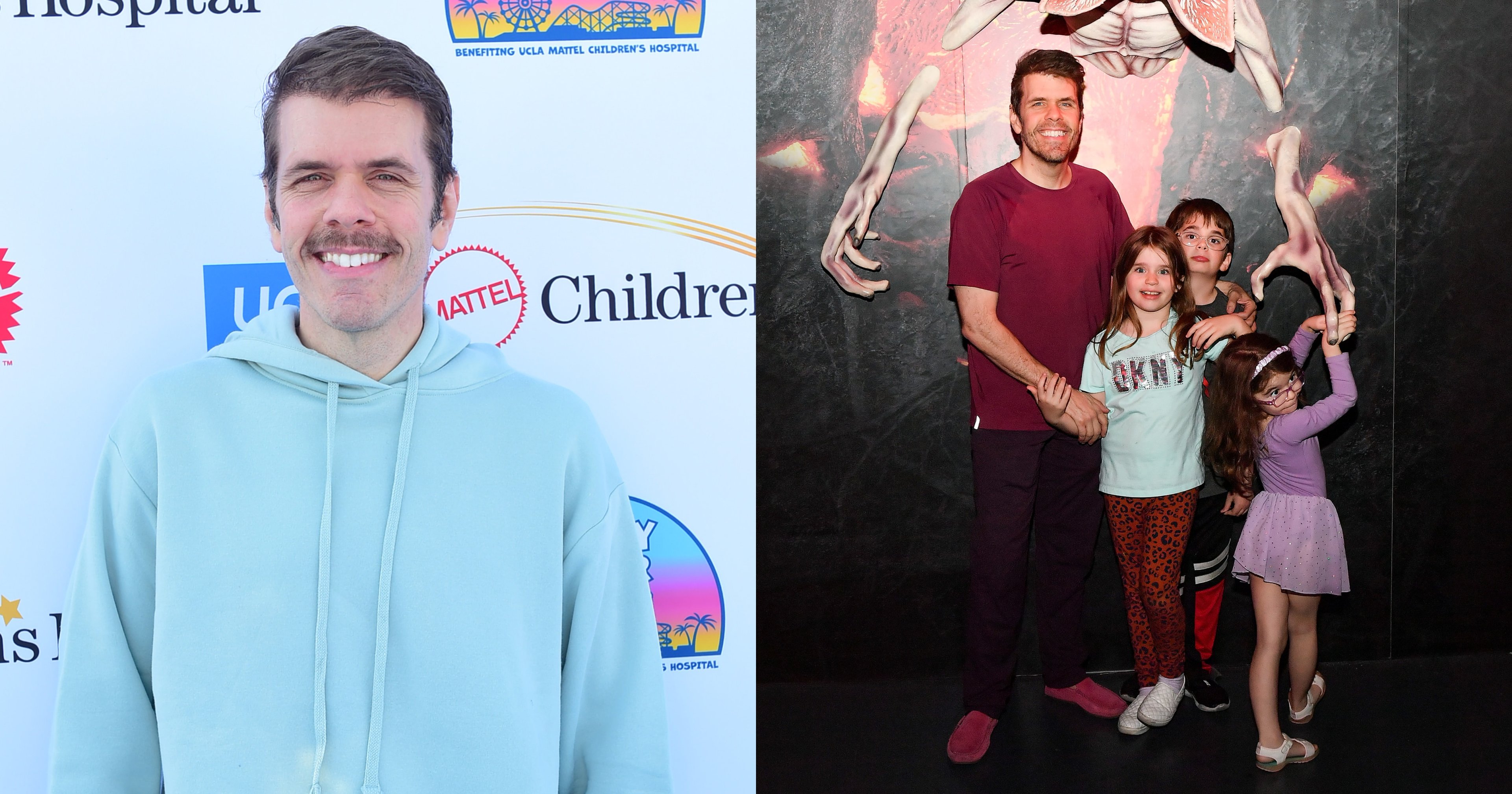 Perez Hilton smiling in a mint green hoodie and sweatpants at a charity event step-and-repeat backdrop in Santa Monica.