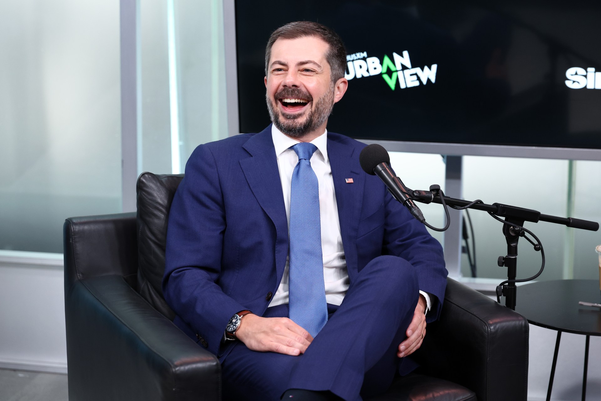Pete Buttigieg and SiriusXM host Mike Muse at SiriusXM Studios in New York City