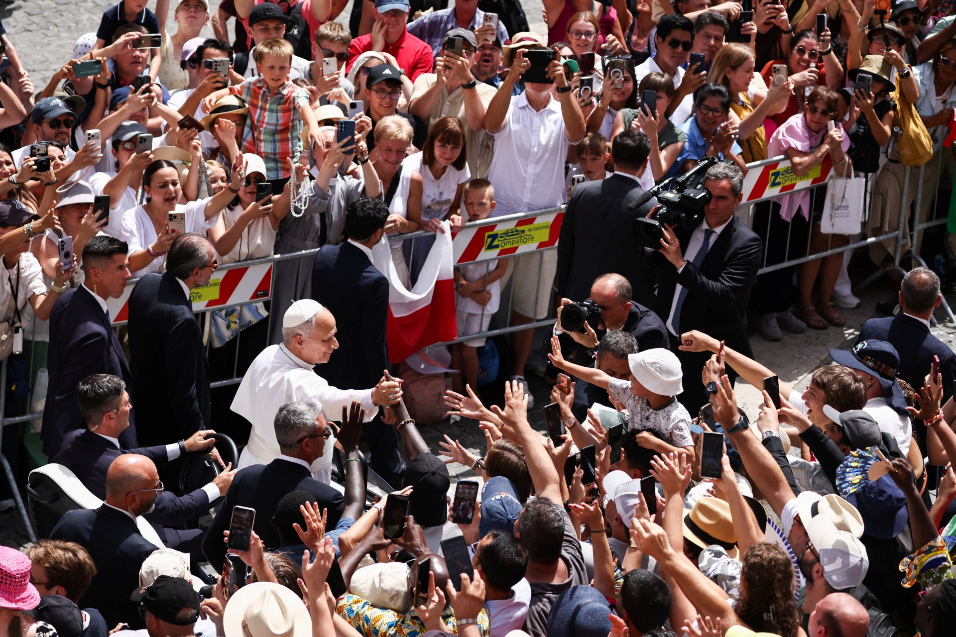 Pope Leo leads the Angelus prayer in Piazza della Liberta in Castel Gandolfo