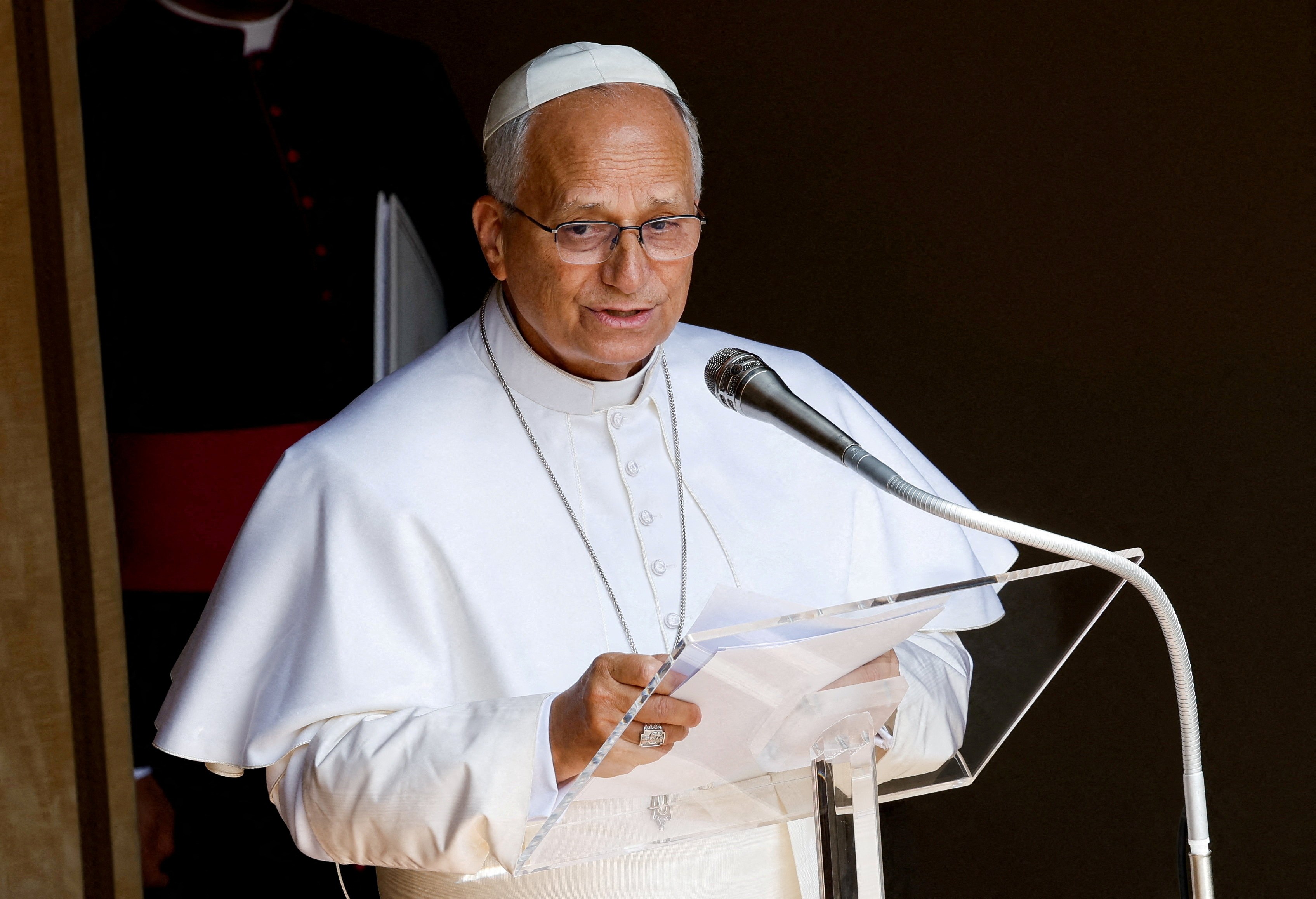 Pope Leo XIV leading the Angelus prayer at Piazza della Liberta in Castel Gandolfo, Italy