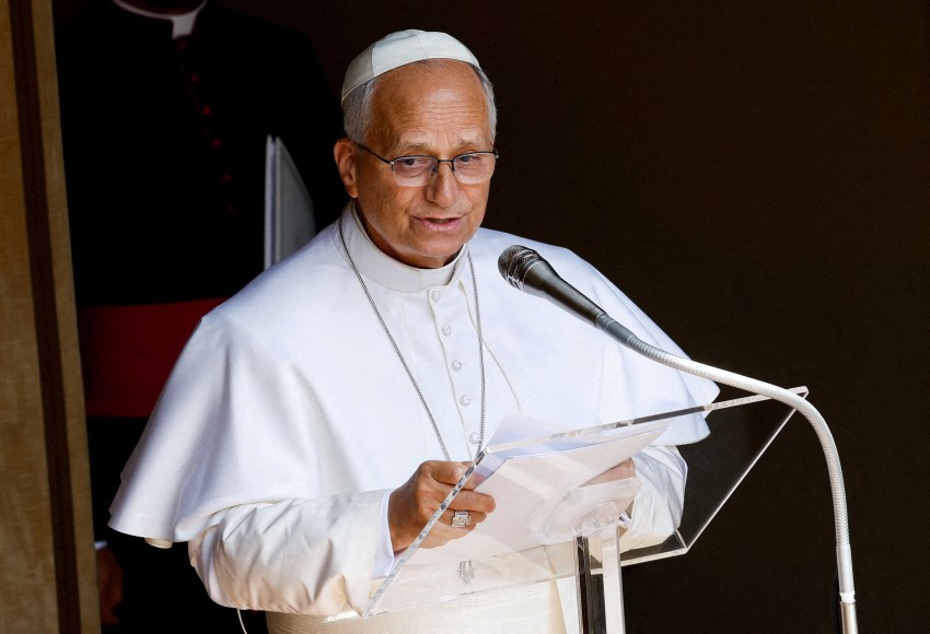Pope Leo XIV leading the Angelus prayer at Piazza della Liberta in Castel Gandolfo, Italy