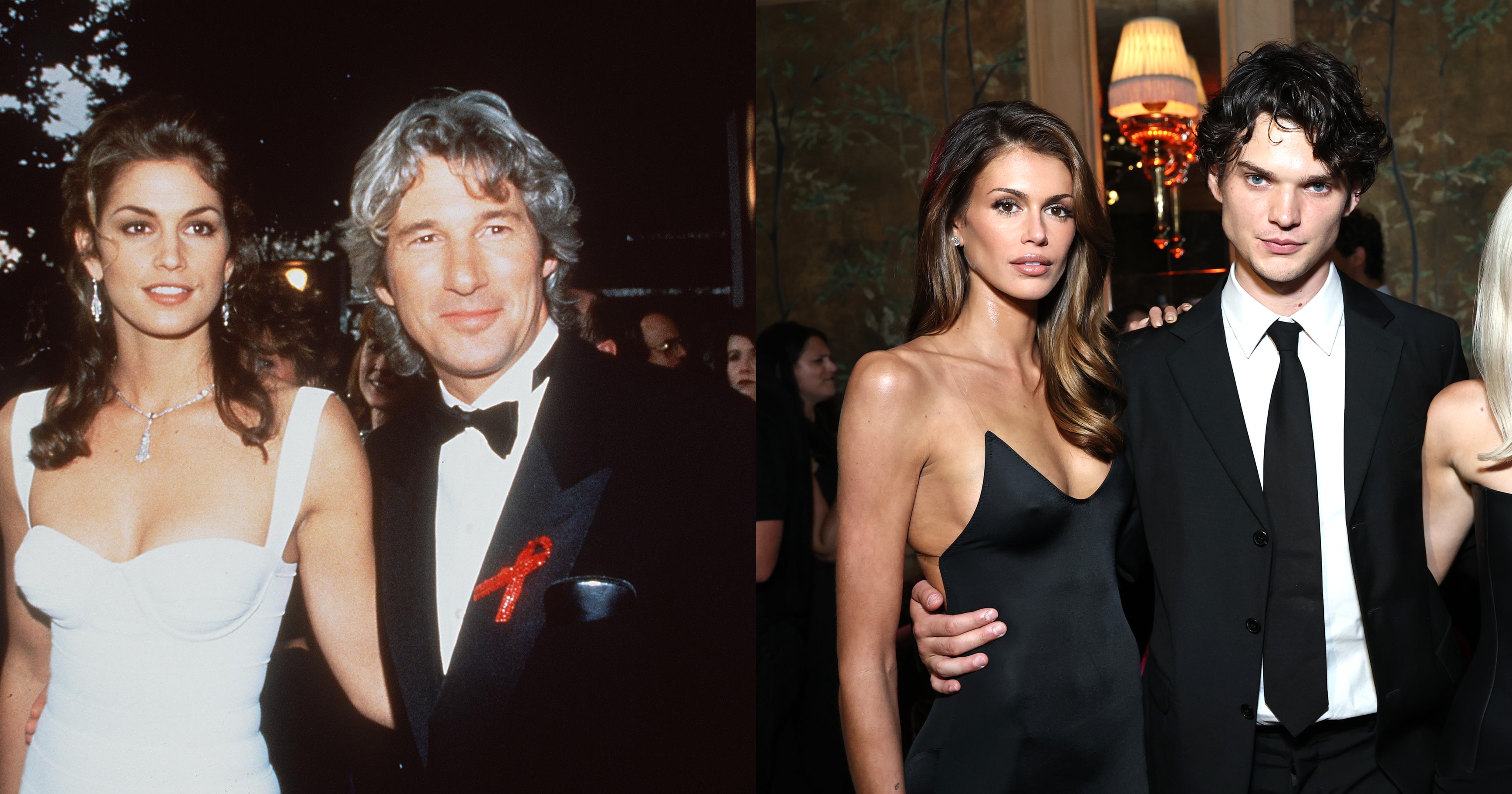 Cindy Crawford in a white gown and Richard Gere in a tuxedo with a red ribbon, posing together at a formal event in the early 1990s.