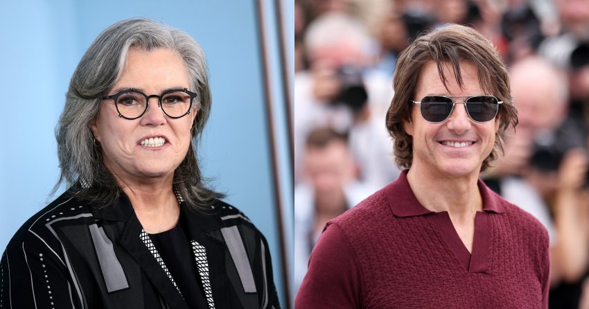 Rosie O'Donnell wearing black-framed glasses and a patterned black jacket at the Tony Awards arrivals.
