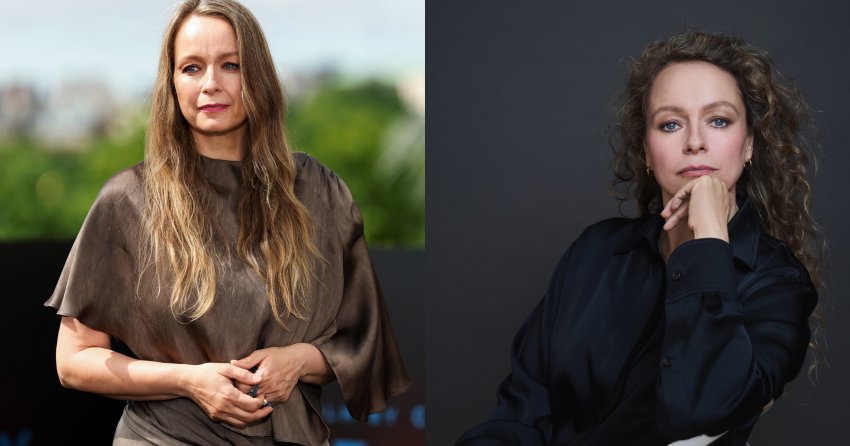 Samantha Morton in a brown satin dress with long wavy hair, hands clasped at a London photocall.